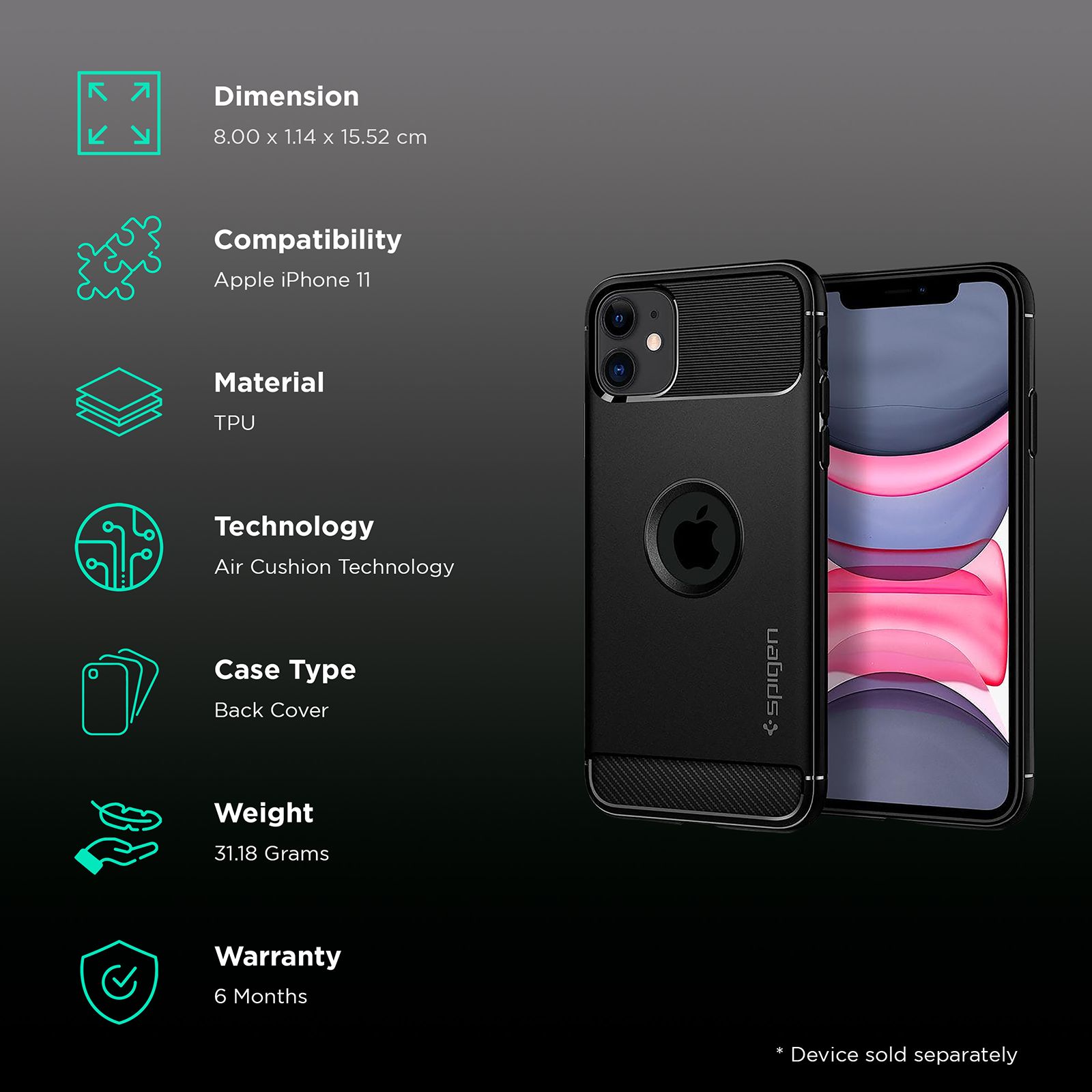 spigen Rugged Armor TPU Back Cover for Apple iPhone 11 (Air Cushion Technology, Matte Black)_2