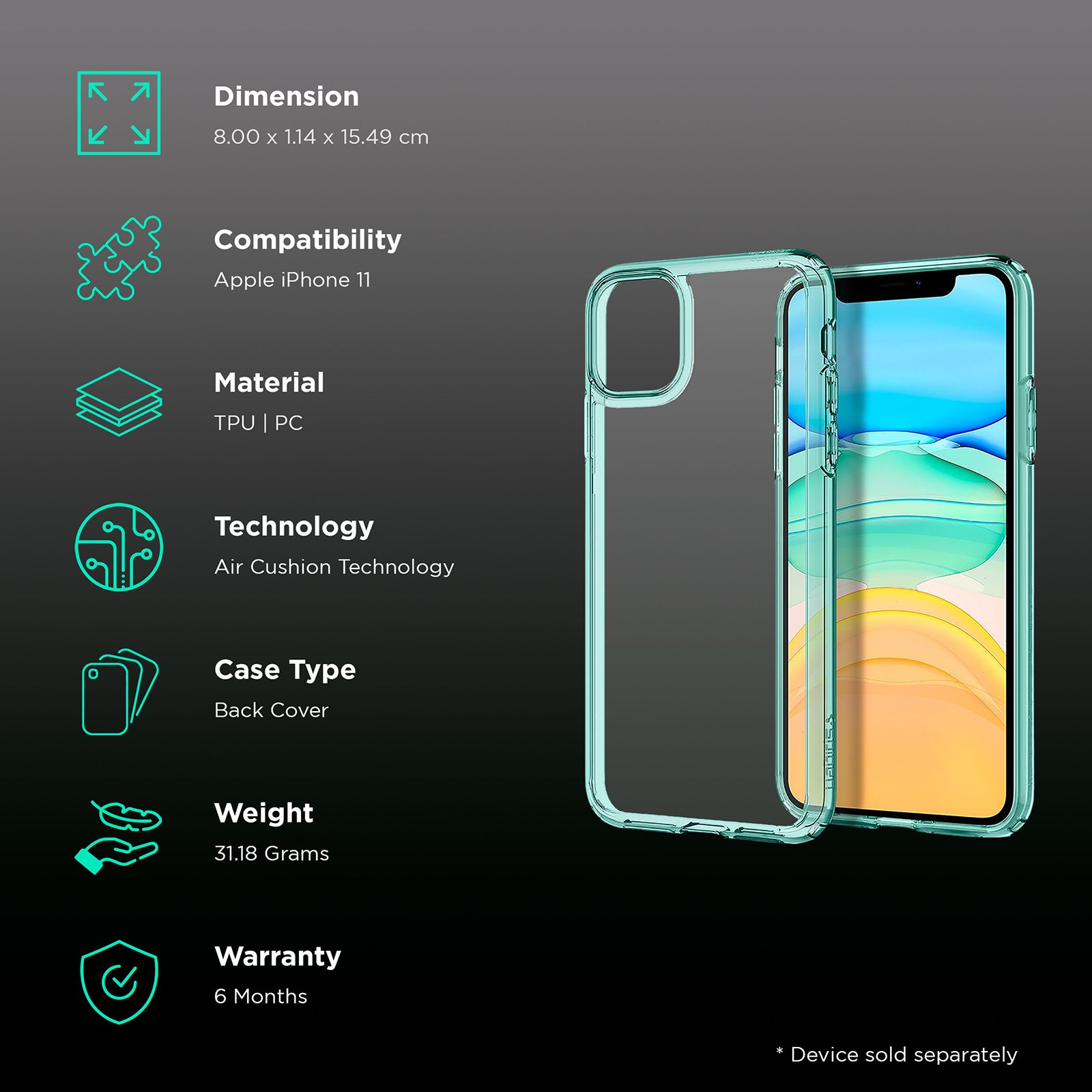 spigen Ultra Hybrid TPU & Polycarbonate Back Cover for Apple iPhone 11 (Air Cushion Technology, Green Crystal)_2