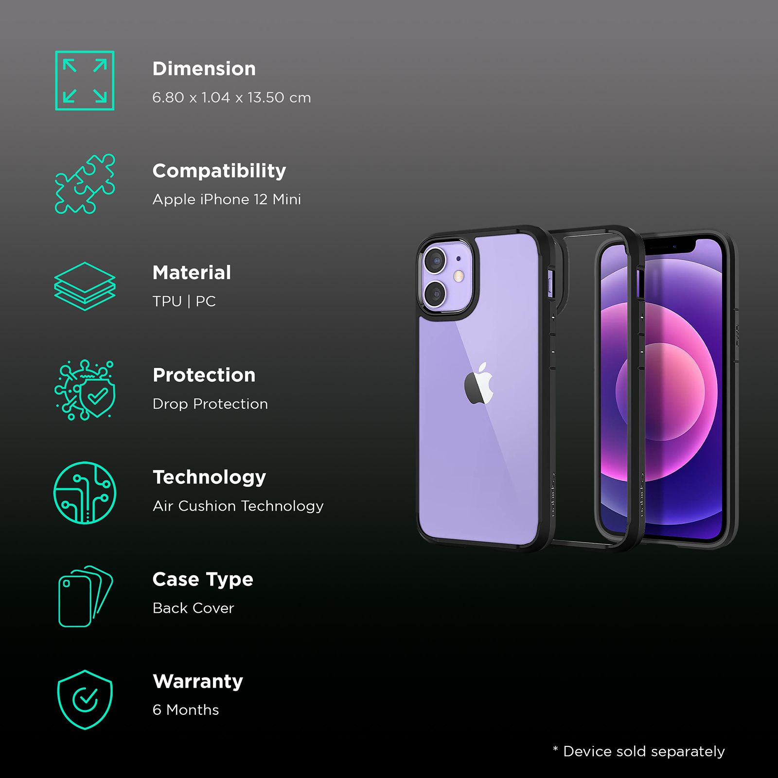 spigen Ultra Hybrid TPU & Polycarbonate Back Cover for Apple iPhone 12 Mini (Air Cushion Technology, Matte Black)_2