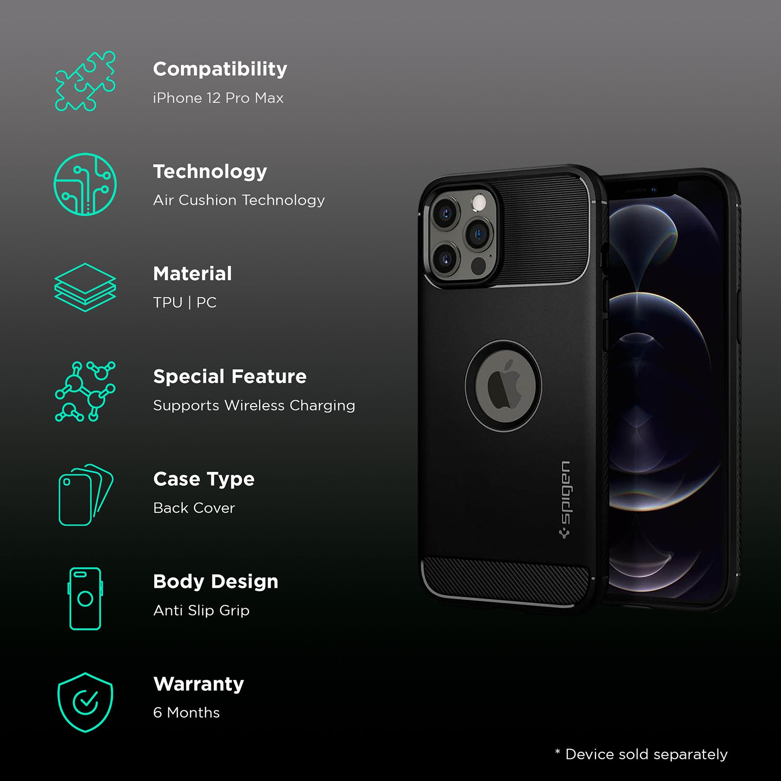 spigen Rugged Armor TPU & PC Back Case For iPhone 12 Pro Max (Slim & Grip-Friendly, ACS01616, Matte Black) spigen Rugged Armor TPU & PC Back Case For iPhone 12 Pro Max (Slim & Grip-Friendly, ACS01616, Matte Black)_2