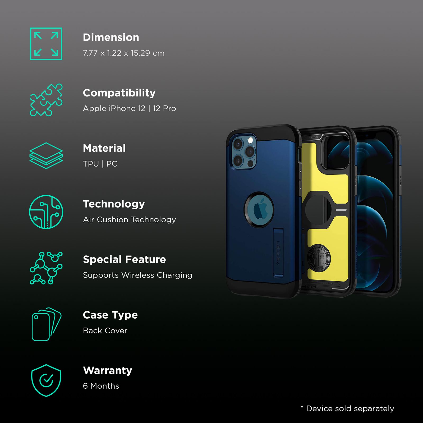 spigen Tough Armor Polycarbonate & TPU Back Cover for Apple iPhone 12, 12 Pro (Supports Wireless Charging, Navy Blue)_2