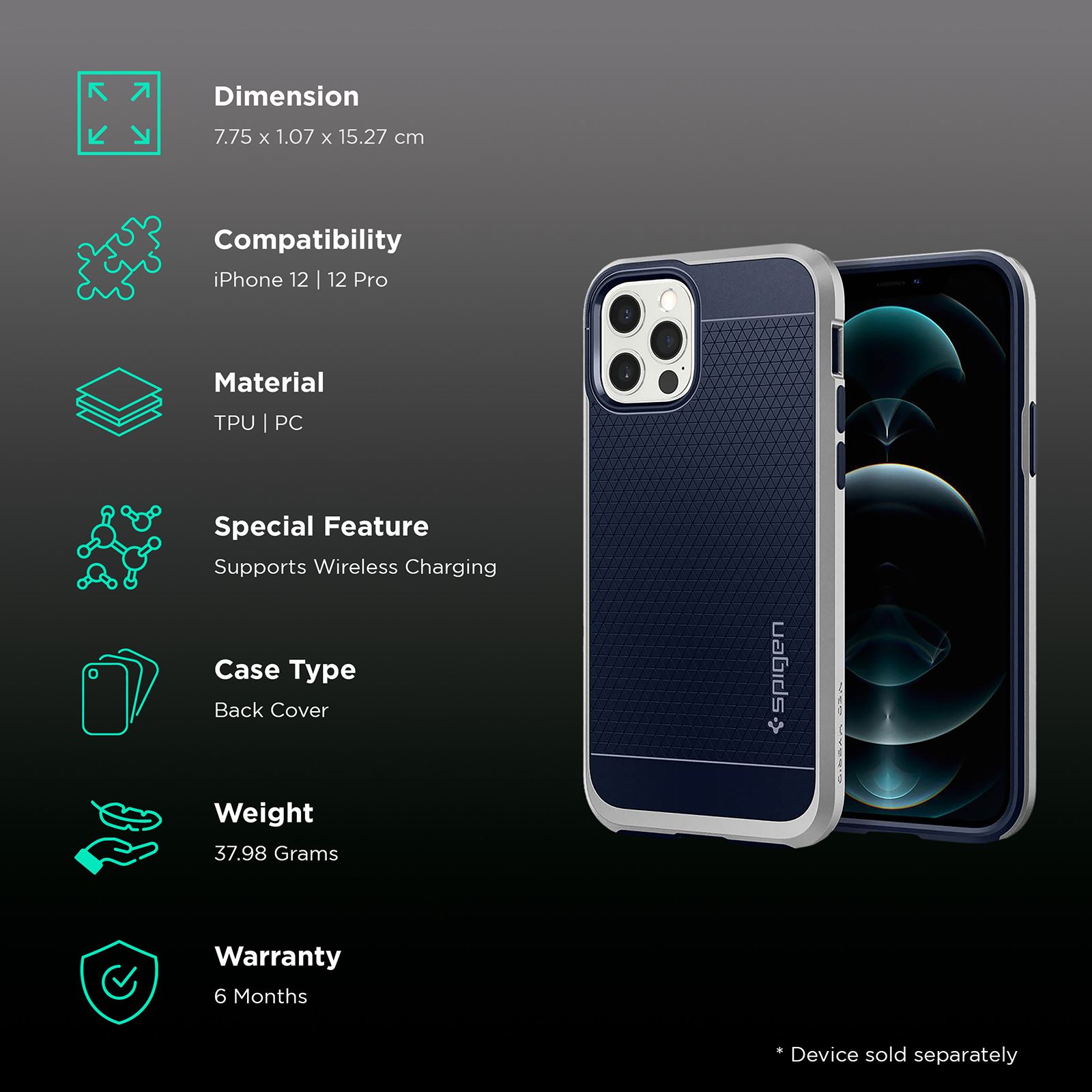 spigen Neo Hybrid Polycarbonate & TPU Back Cover for Apple iPhone 12, 12 Pro (Raised Edges, Satin Silver)_2