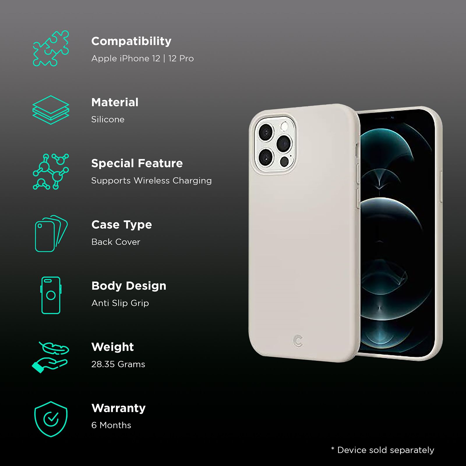 spigen Soft Silicone Back Cover for Apple iPhone 12, 12 Pro (Wireless Charging Compatible, Stone)_2
