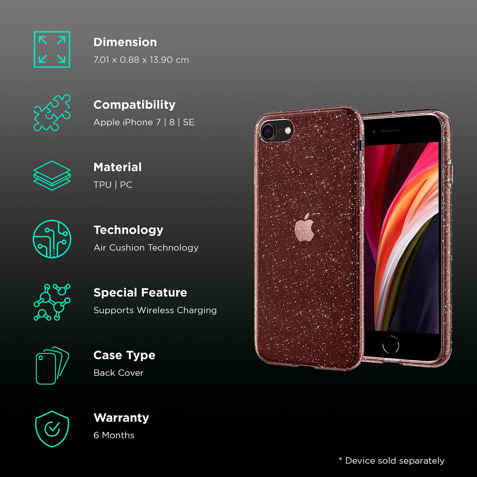 spigen Liquid Crystal Glitter TPU & Polycarbonate Back Cover for Apple iPhone 7, 8, SE (Wireless Charging Compatible, Crystal Quartz)_2