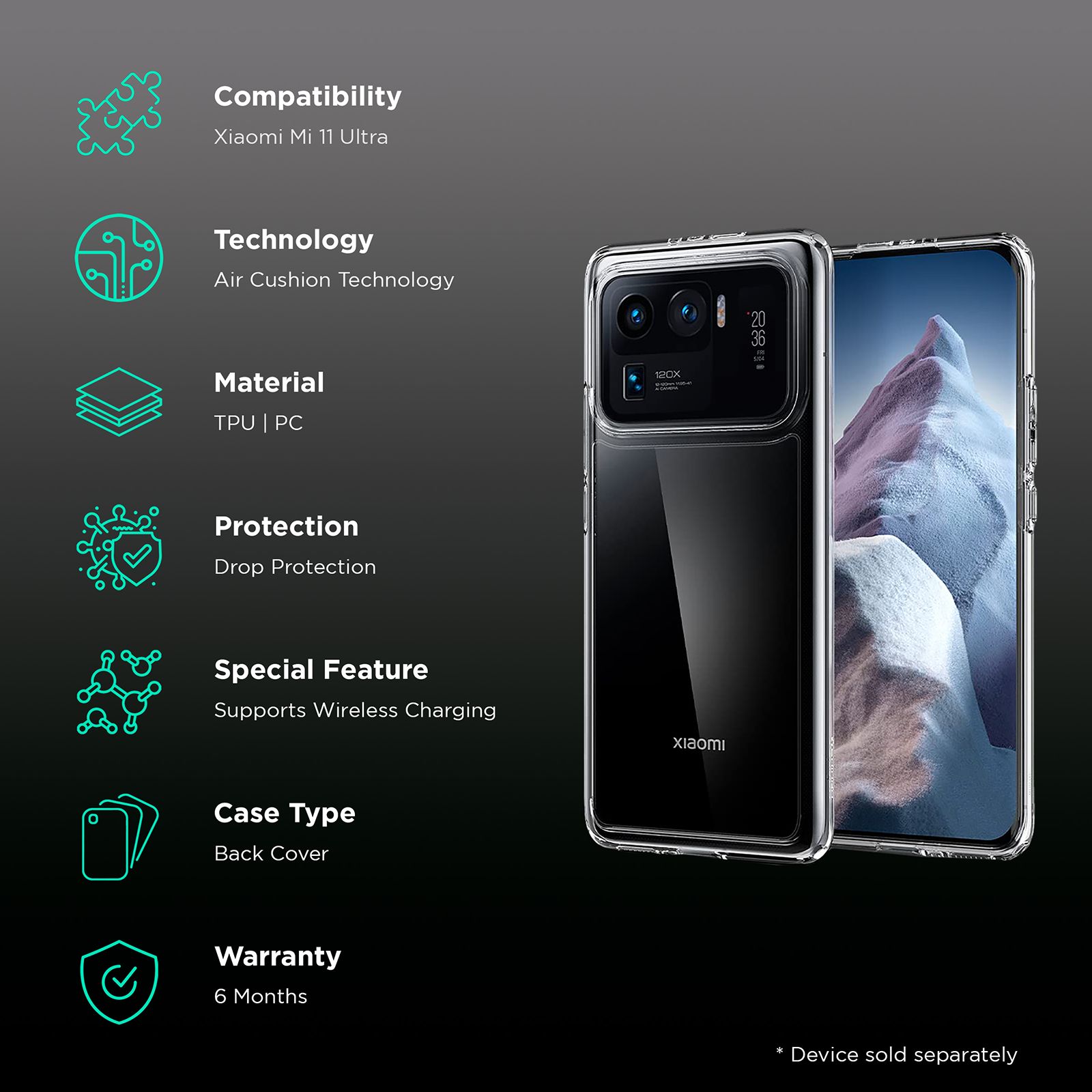 spigen Ultra Hybrid TPU & Polycarbonate Back Cover for Xiaomi Mi 11 Ultra (Wireless Charging Compatible?, Crystal Clear)_2