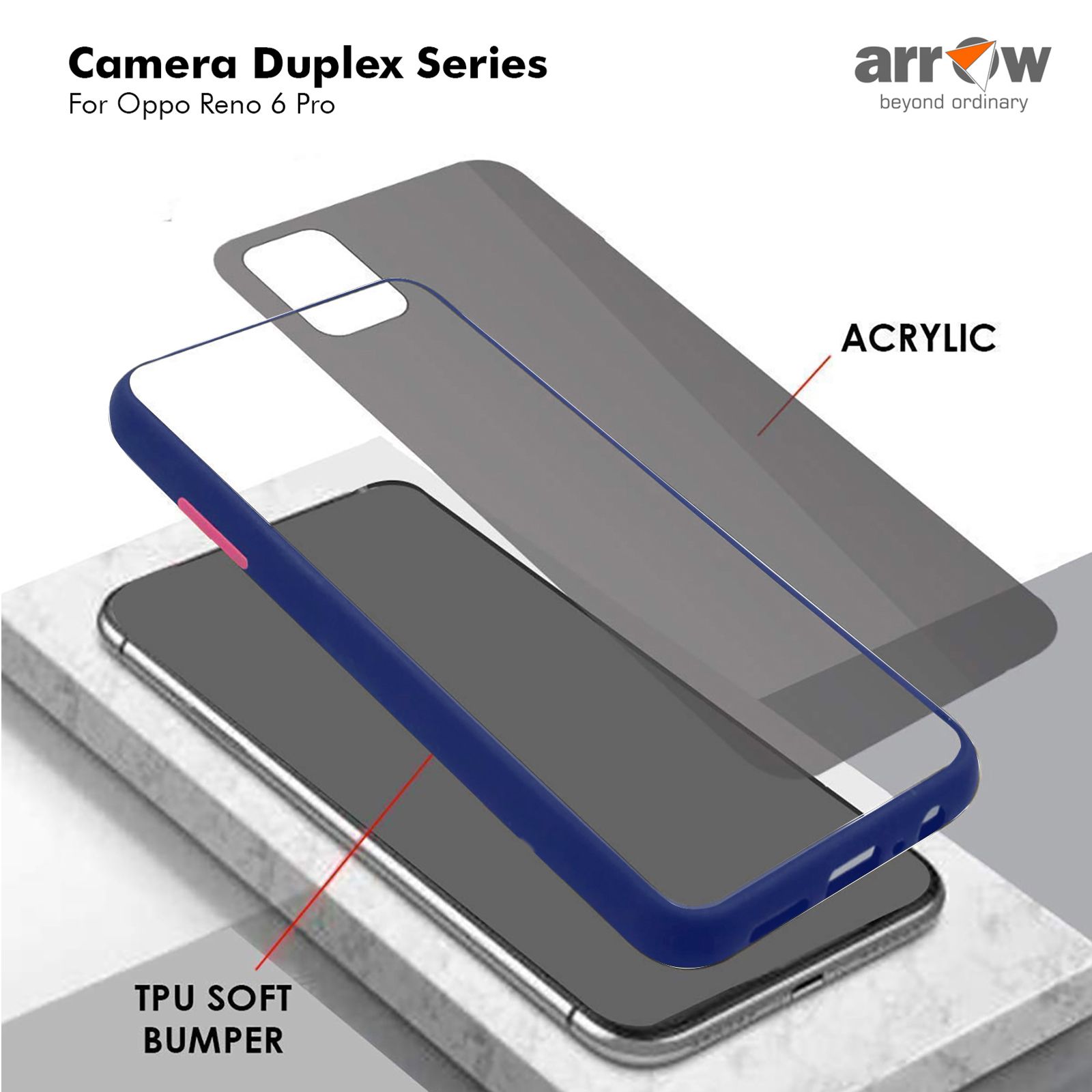 Arrow Duplex Acrylic & TPU Back Cover for OPPO Reno 6 Pro (Scratch Resistant, Blue) Arrow Duplex Acrylic & TPU Back Cover for OPPO Reno 6 Pro (Scratch Resistant, Blue)_7
