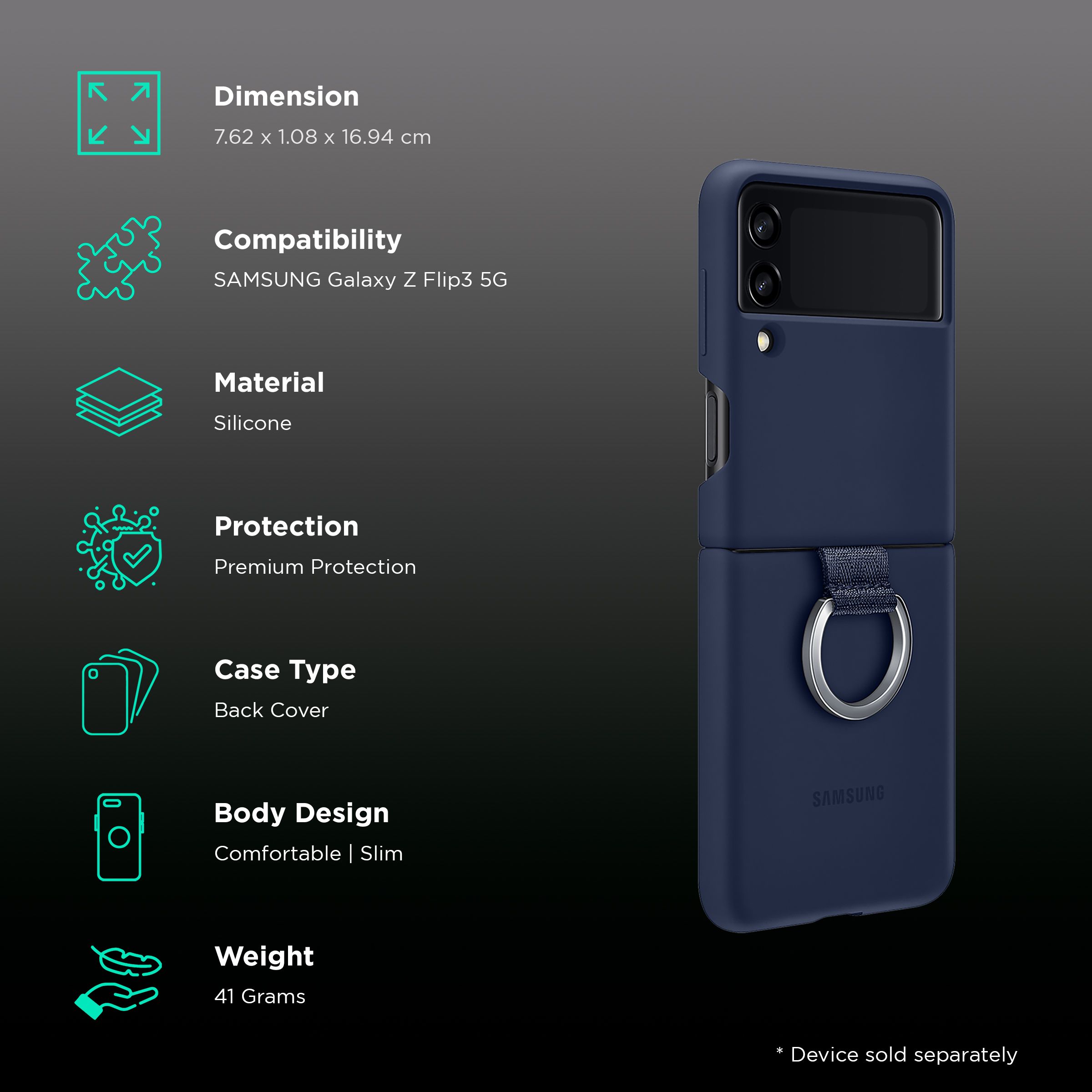 SAMSUNG Soft Silicone Back Cover for SAMSUNG Galaxy Z Flip3 5G (Slip-On Ring, Navy)_2