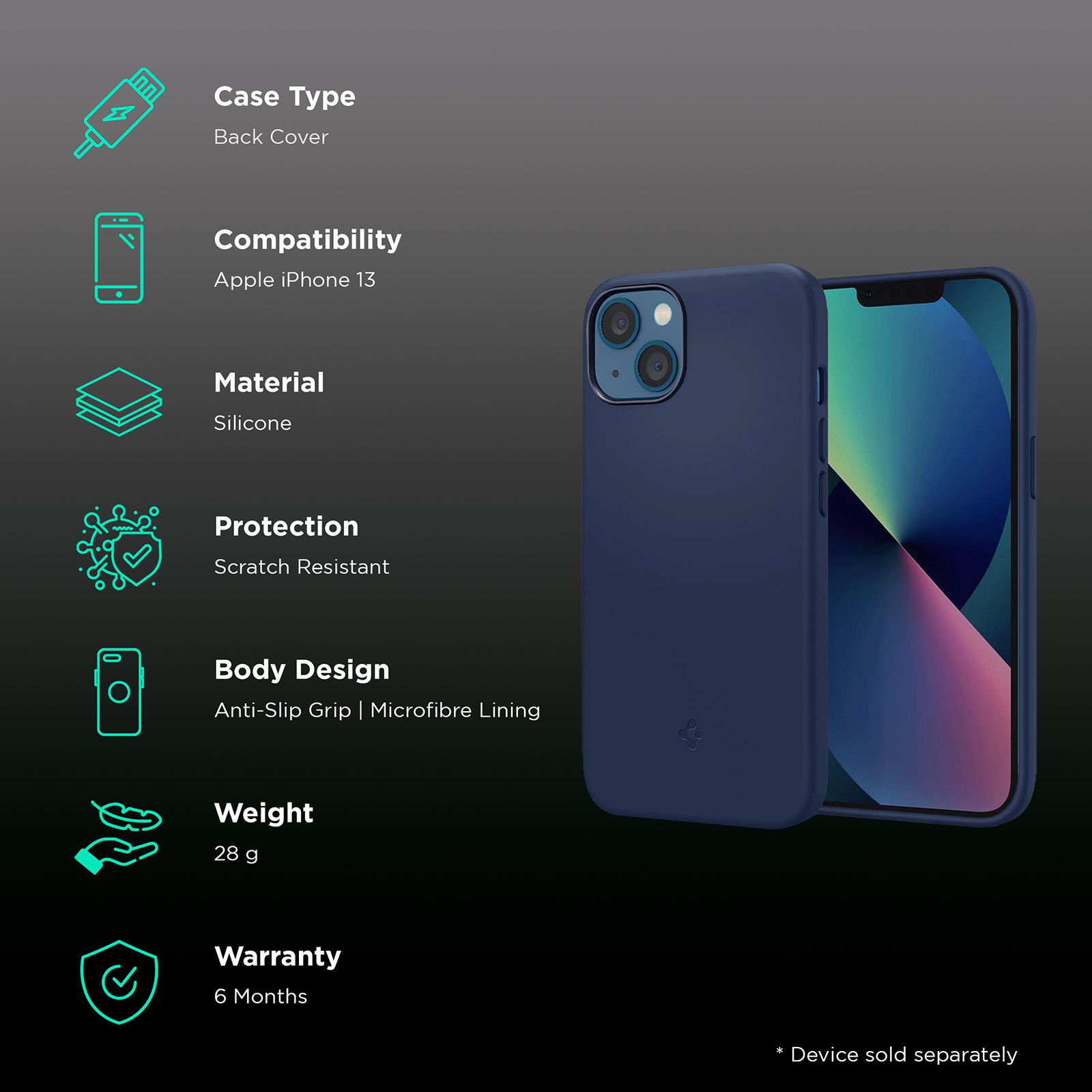 spigen Soft Silicone Back Cover for Apple iPhone 13 (Wireless Charging Compatible, Navy Blue) spigen Soft Silicone Back Cover for Apple iPhone 13 (Wireless Charging Compatible, Navy Blue)_2