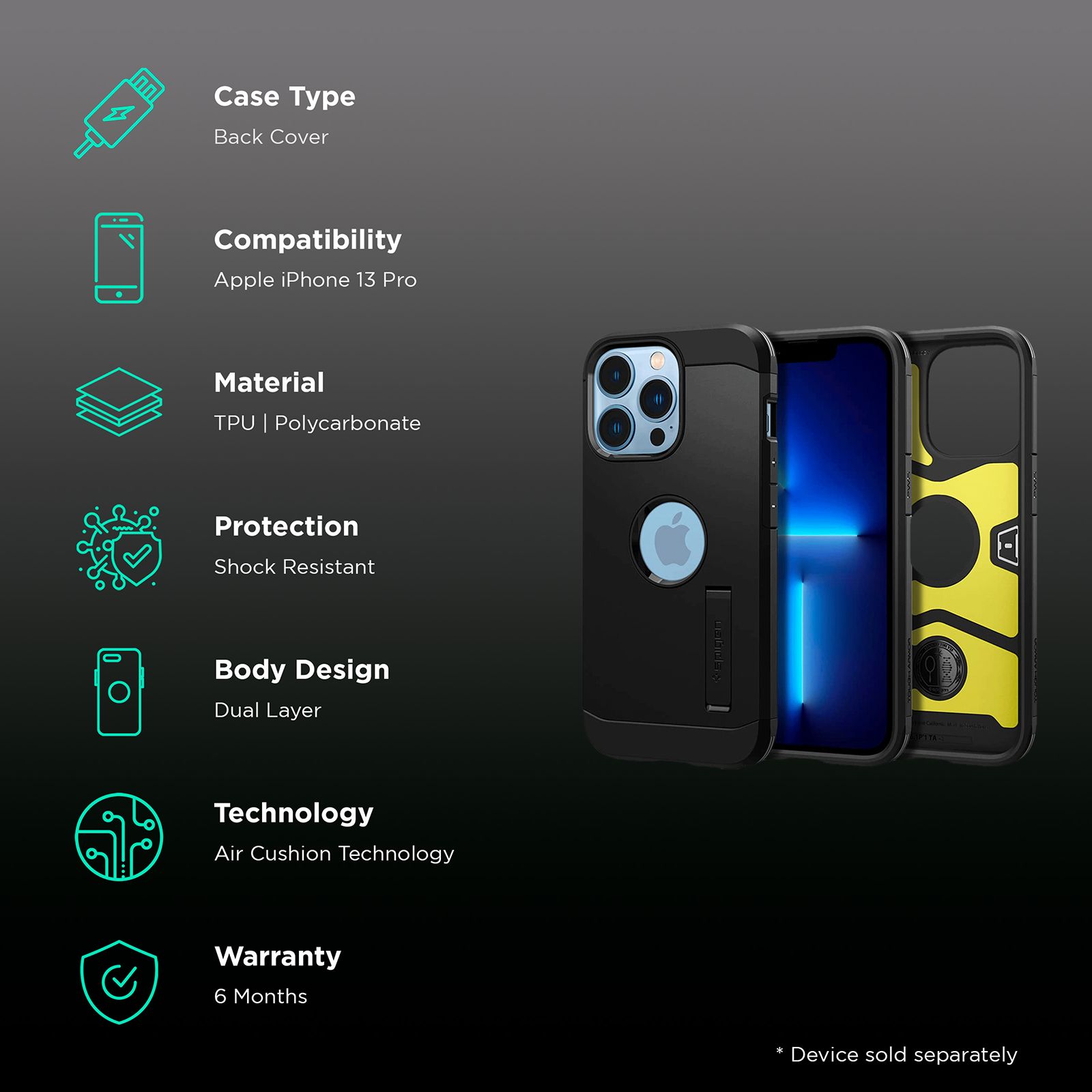 spigen Tough Armor TPU & Polycarbonate Back Case with Stand for Apple iPhone 13 Pro (Wireless Charging Compatible, Black)_2