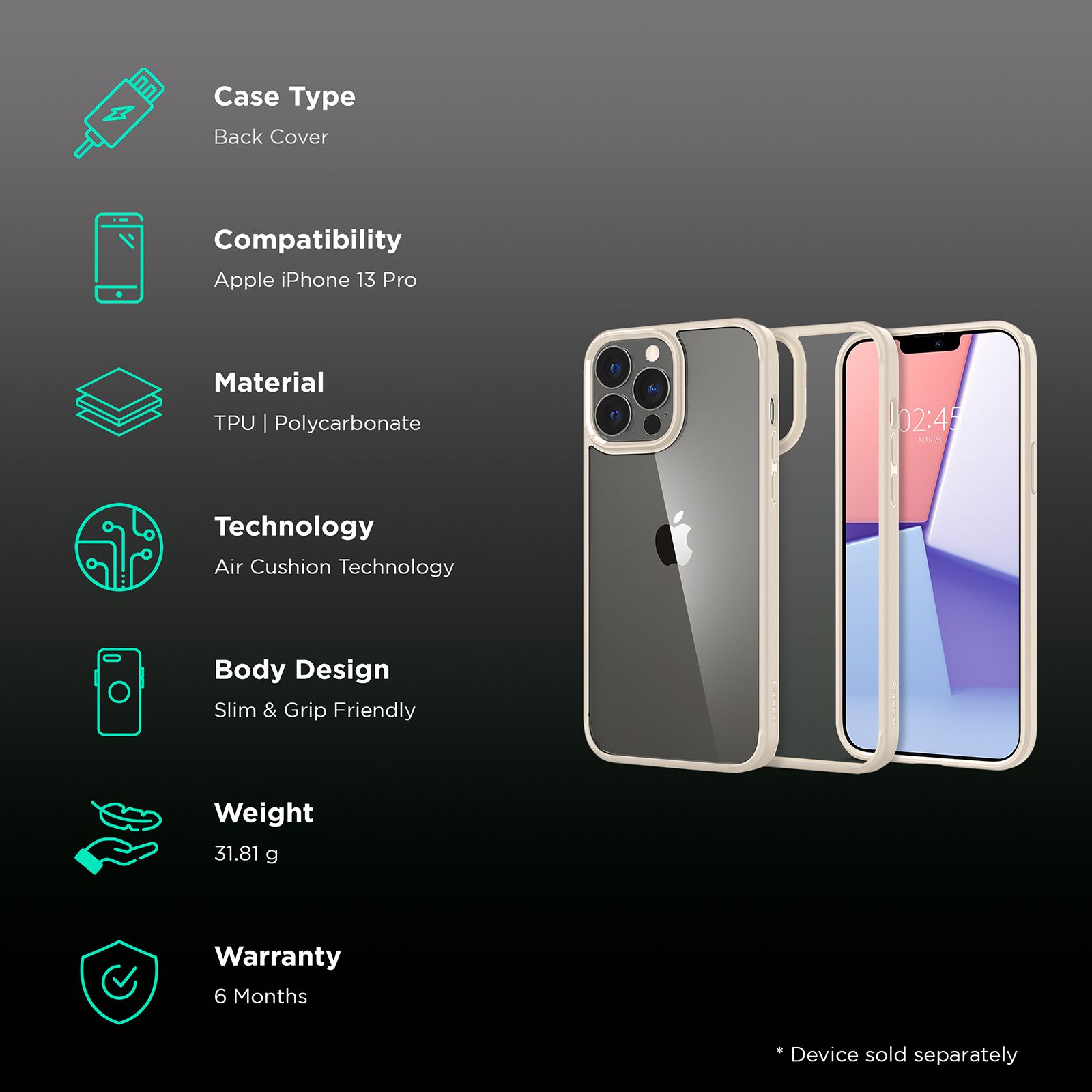 spigen Ultra Hybrid TPU & Polycarbonate Back Cover for Apple iPhone 13 Pro (Wireless Charging Compatible?, Sand Beige)_2