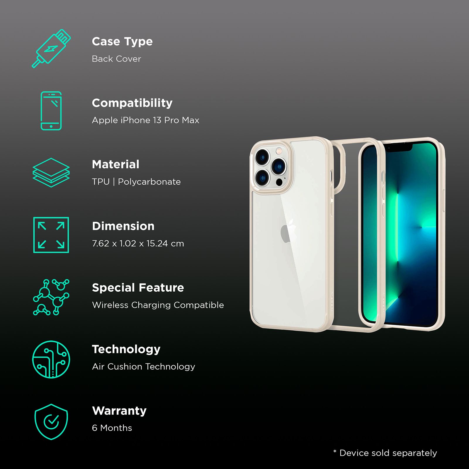 spigen Ultra Hybrid TPU & Polycarbonate Back Cover for Apple iPhone 13 Pro Max (Wireless Charging Compatible?, Sand Beige)_2