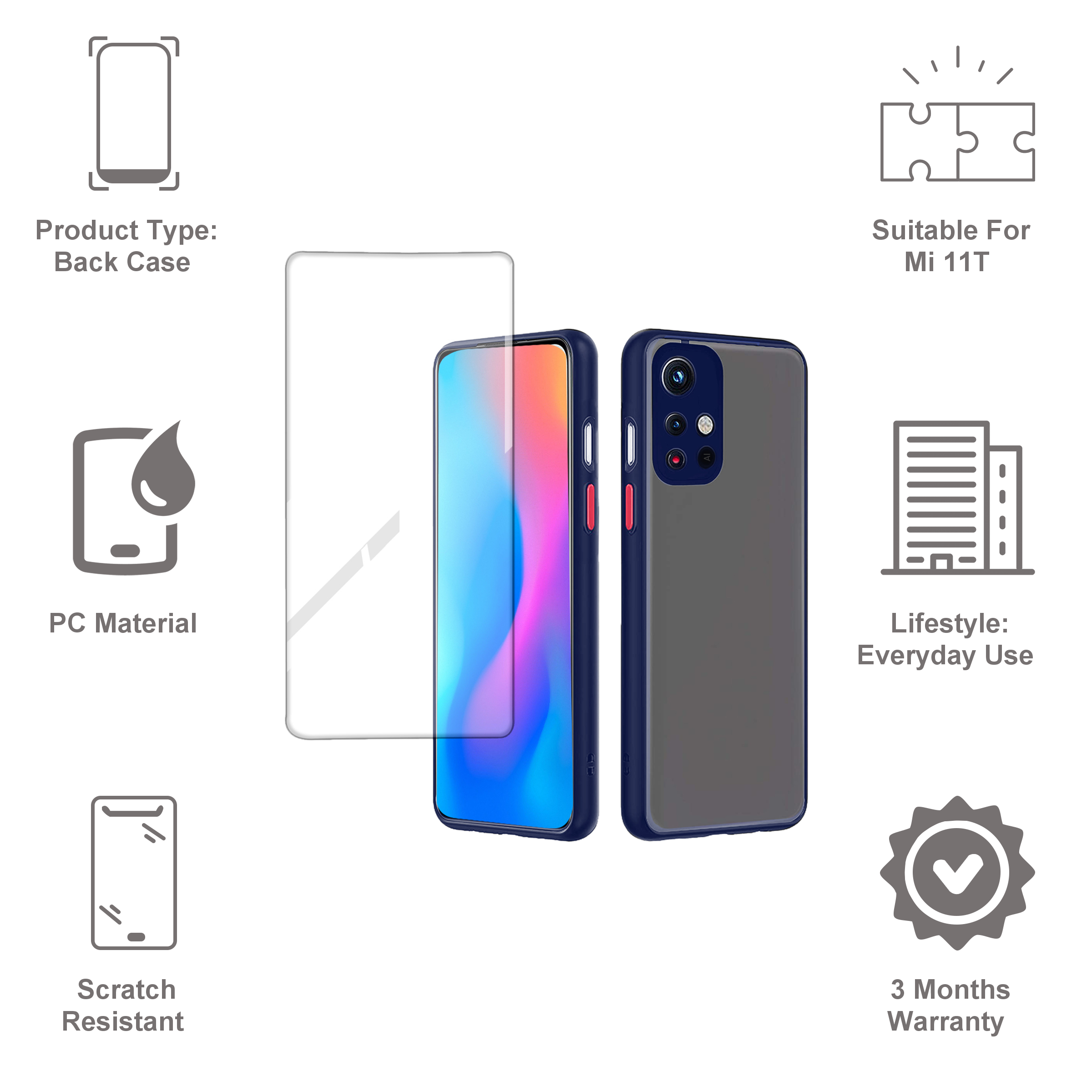 ARROW Duplex Series Tempered Glass & Polycarbonate Back Cover Combo for Xiaomi Mi 11T (Anti Scratch Design, Blue) ARROW Duplex Series Tempered Glass & Polycarbonate Back Cover Combo for Xiaomi Mi 11T (Anti Scratch Design, Blue)_2