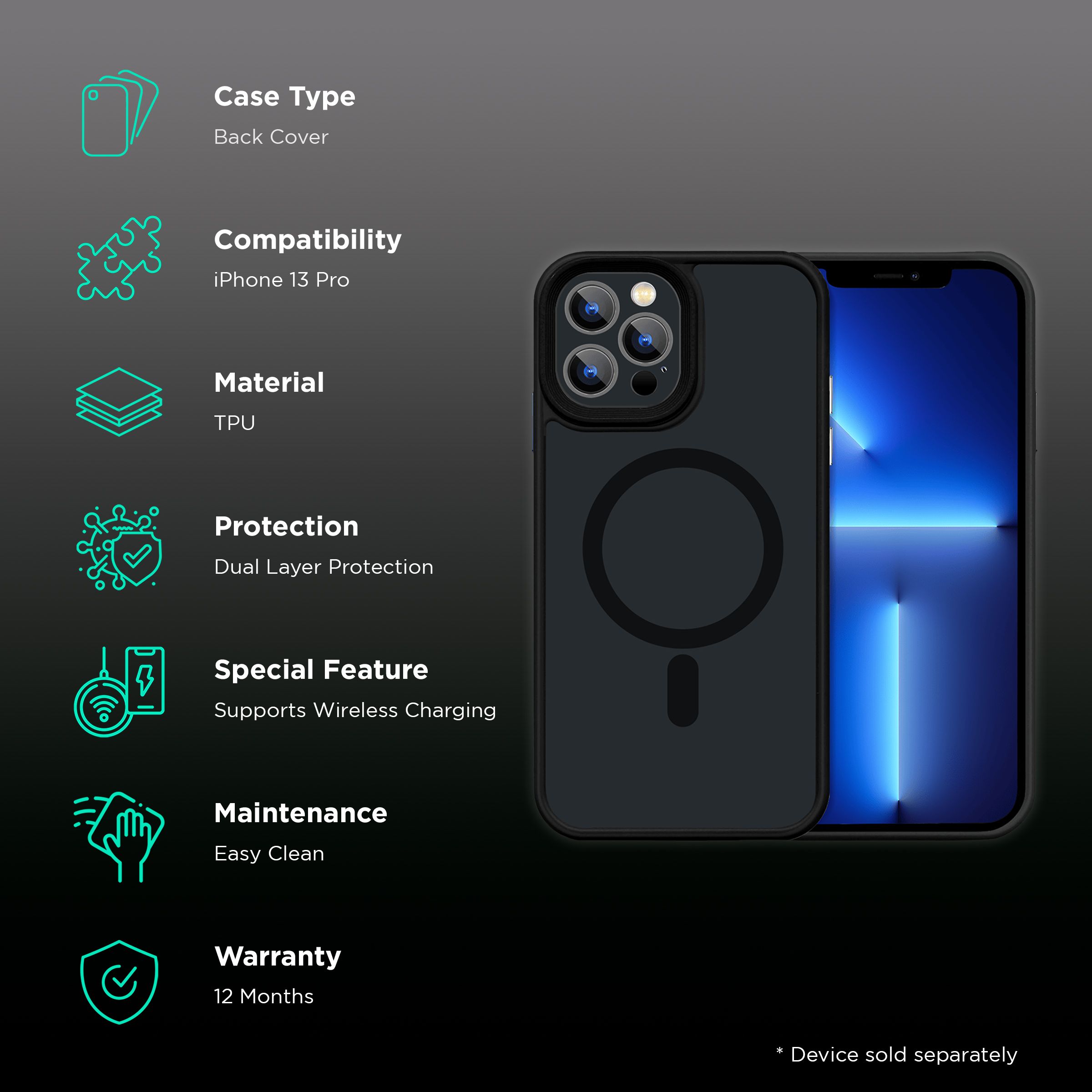 GRIPP Bolt Hard TPU Back Cover for Apple iPhone 13 Pro (Supports Wireless Charging, Black)_2
