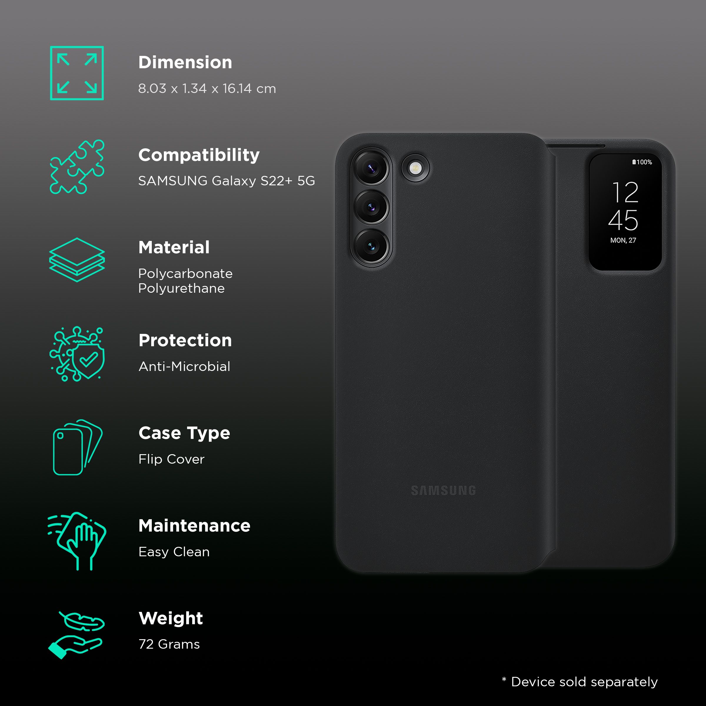 SAMSUNG Smart Clear View Polycarbonate & Polyurethane Flip Cover for SAMSUNG Galaxy S22+ 5G (Anti-Microbial, Black) SAMSUNG Smart Clear View Polycarbonate & Polyurethane Flip Cover for SAMSUNG Galaxy S22+ 5G (Anti-Microbial, Black)_2