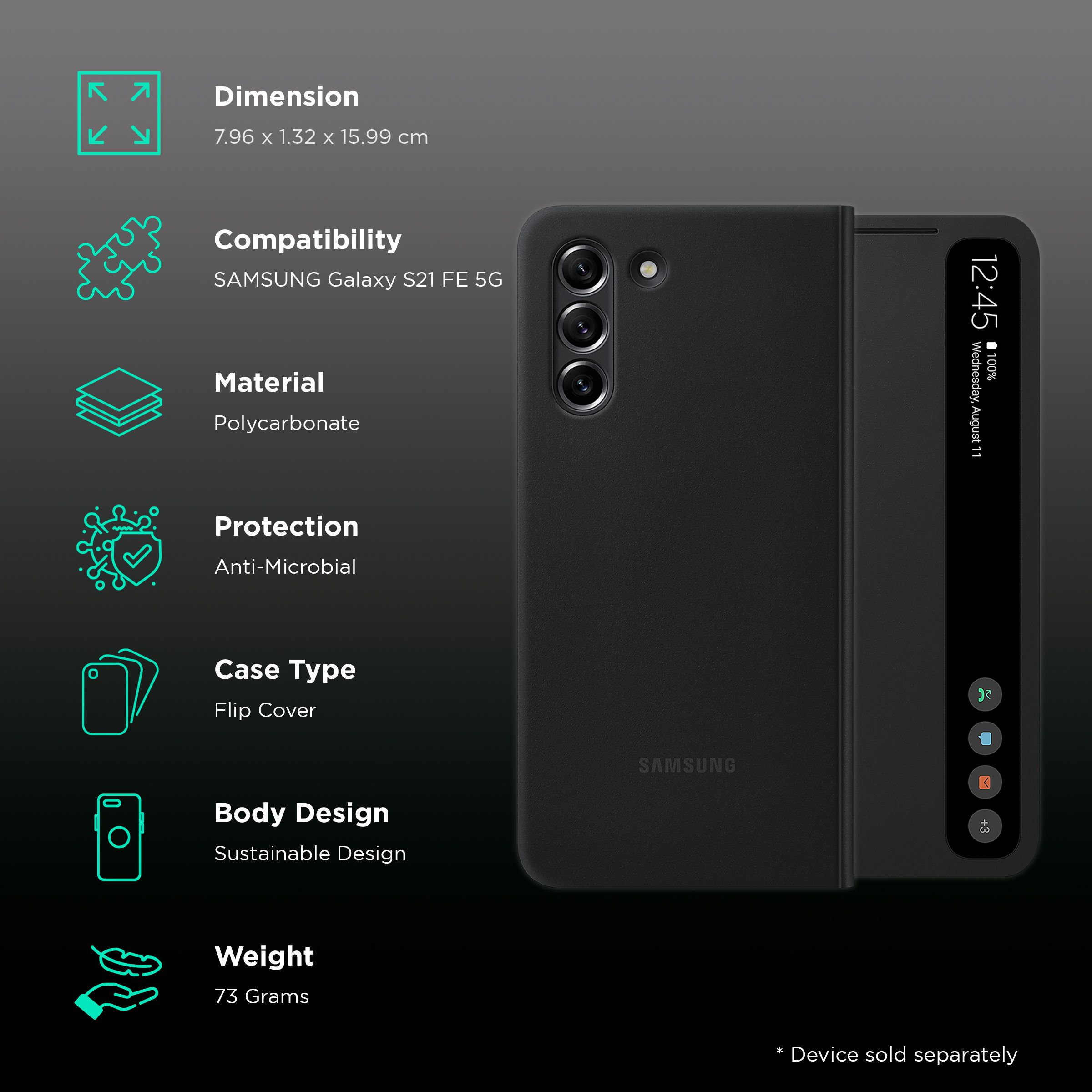 SAMSUNG Smart Clear View Polycarbonate Flip Cover for SAMSUNG Galaxy S21 FE 5G (Protection Against Microbial, Black)_2