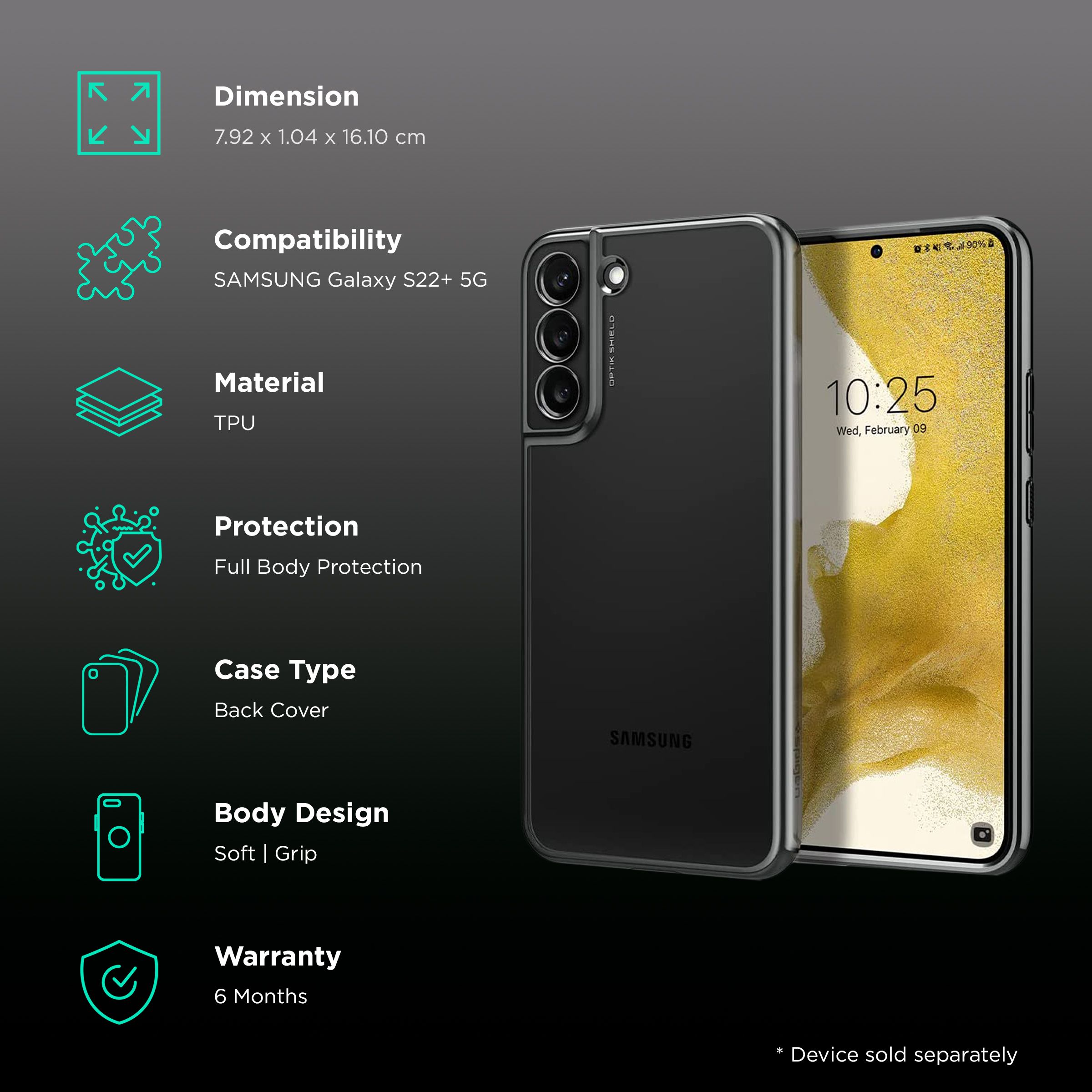 Spigen Optik Crystal Soft TPU Back Cover for SAMSUNG Galaxy S22+ 5G (Tactile Buttons, Chrome Gray)_2