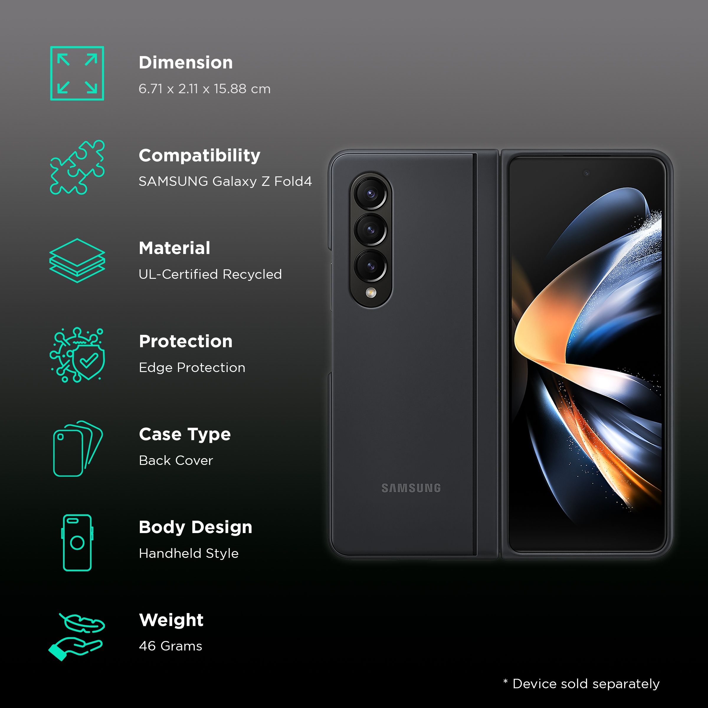 SAMSUNG Slim Soft UL-Certified Recycled Back Cover for SAMSUNG Galaxy Z Fold4 (All Around Edge Protection, Black)_2