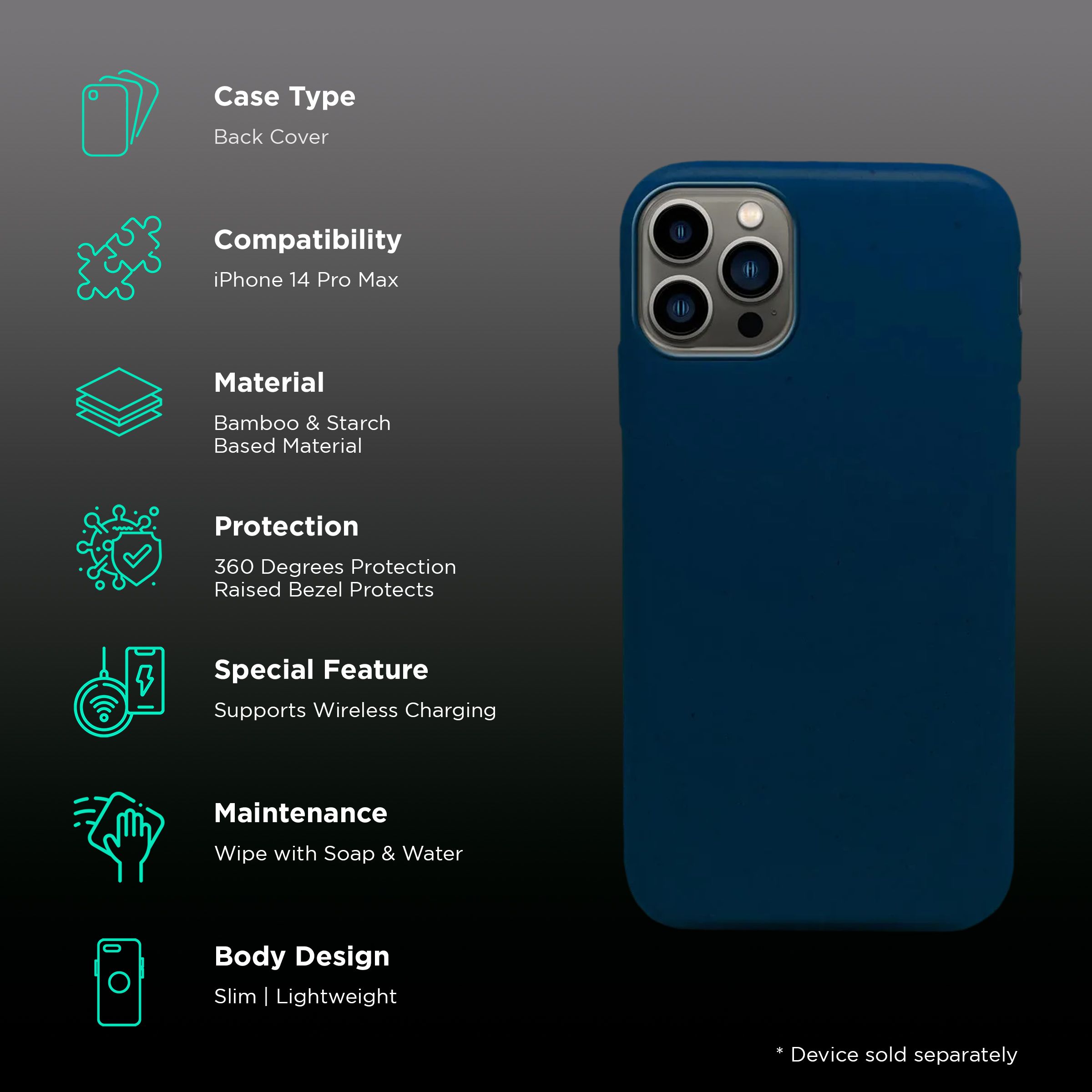 Macmerise Eco-ver Soft Bamboo & Starch Based Material Back Cover for Apple iPhone 14 Pro Max (Supports Wireless Charging, Aegean Blue)_2