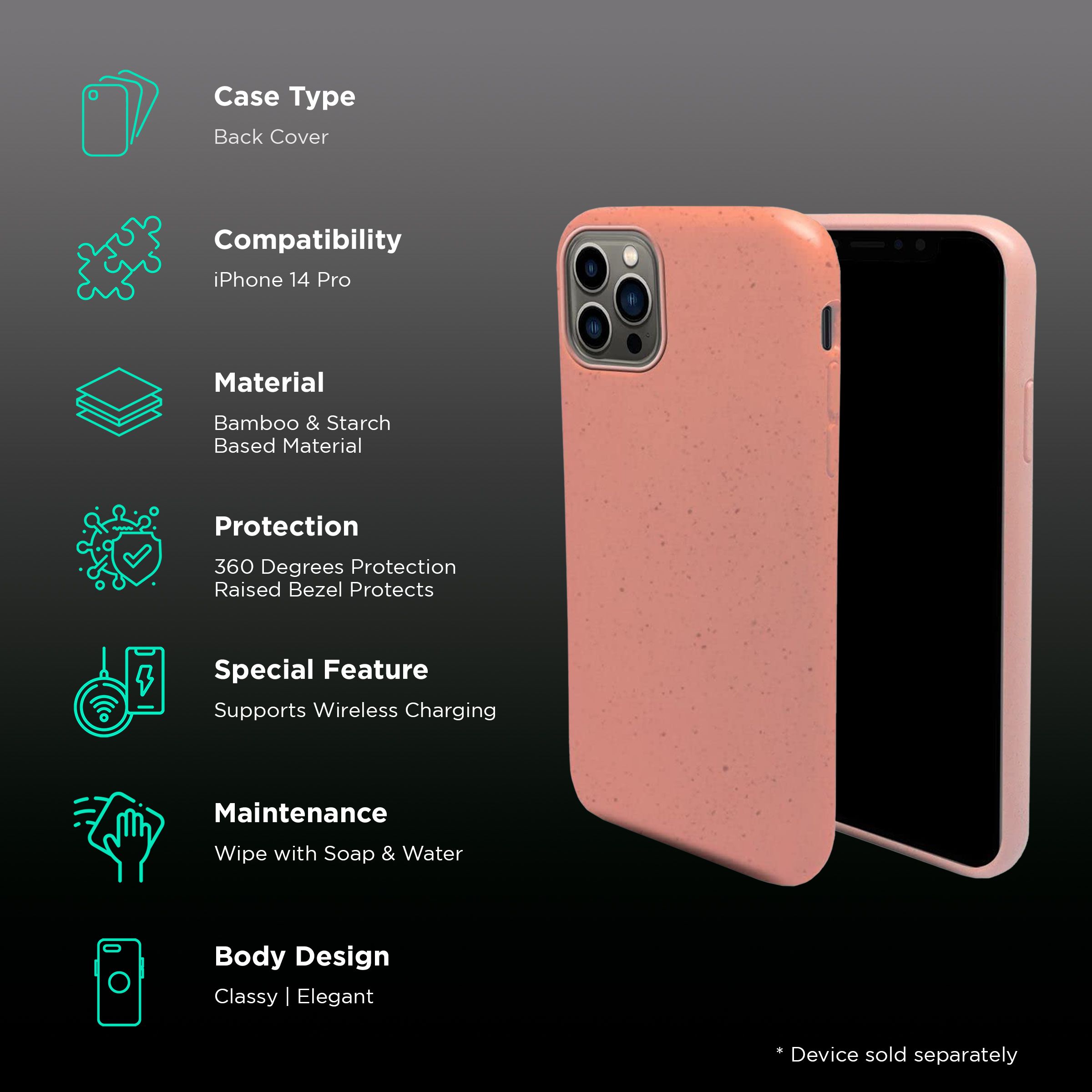 Macmerise Eco-ver Soft Bamboo & Starch Based Material Back Cover for Apple iPhone 14 Pro (Supports Wireless Charging, Blush Pink)_2