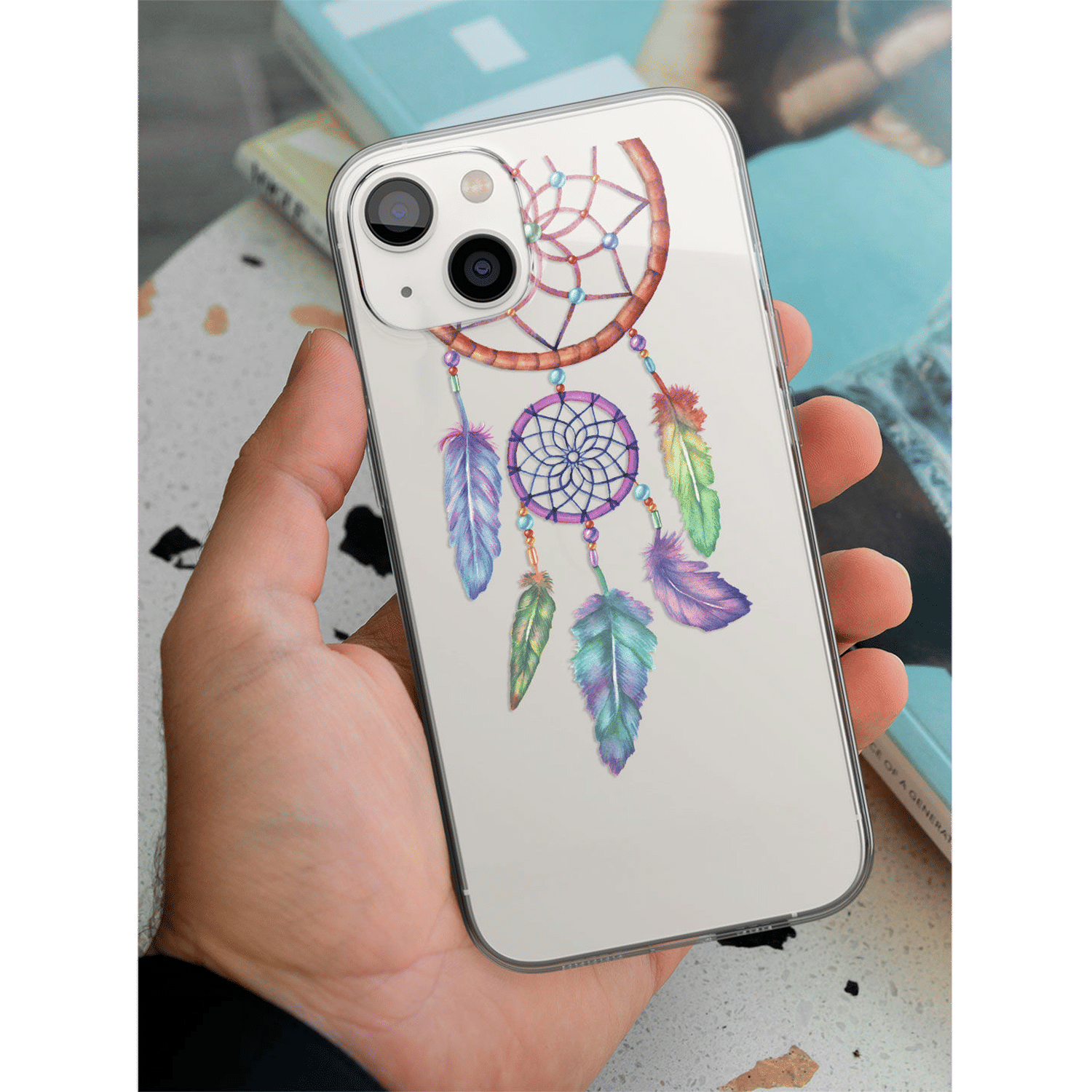 Macmerise Dream Catcher Feathers Liquid Silicone Back Cover for Apple iPhone 14 Plus (Supports Wireless Charging, Multi Color)_5