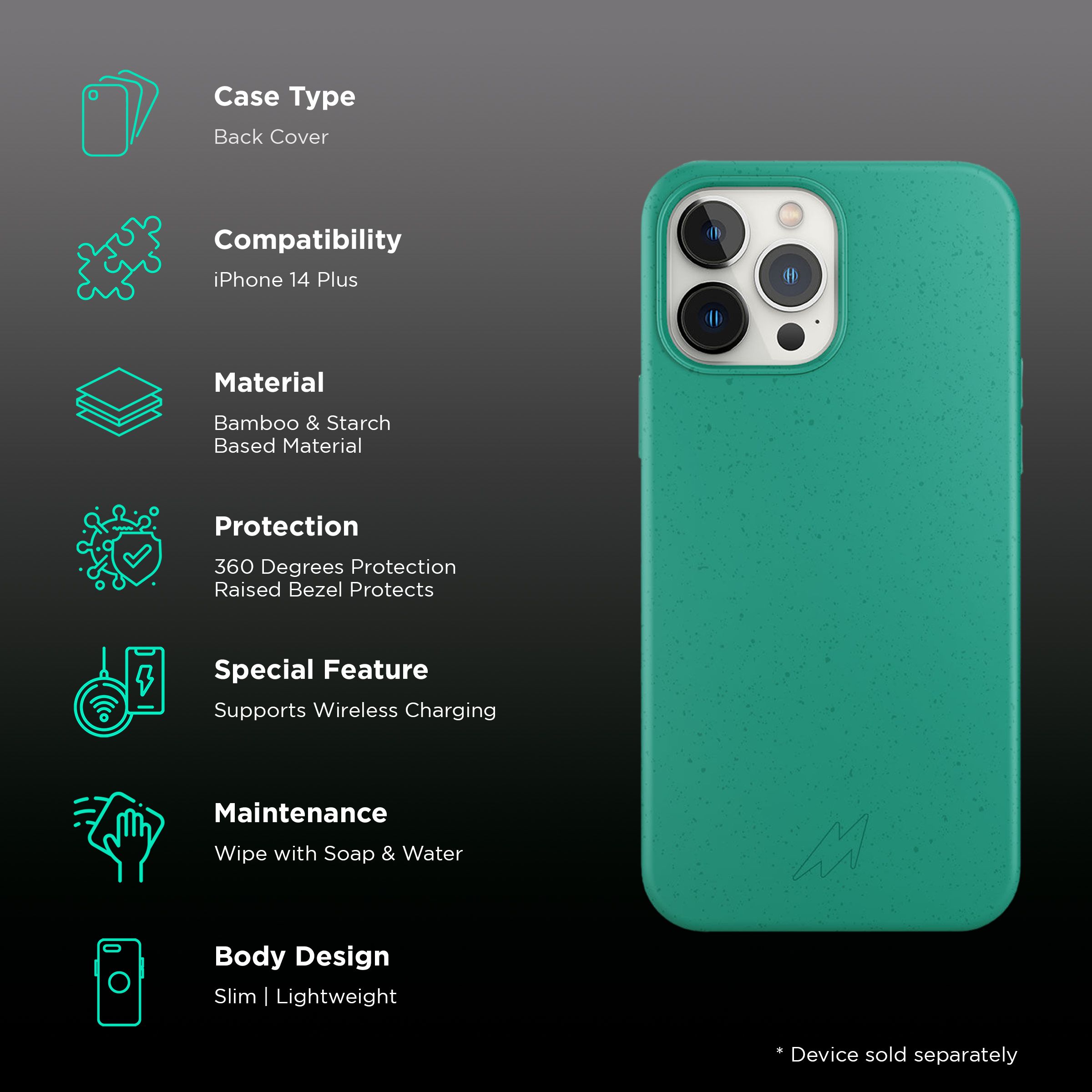 Macmerise Eco-ver Soft Bamboo & Starch Based Material Back Cover for Apple iPhone 14 Plus (Supports Wireless Charging, Mint Green)_2