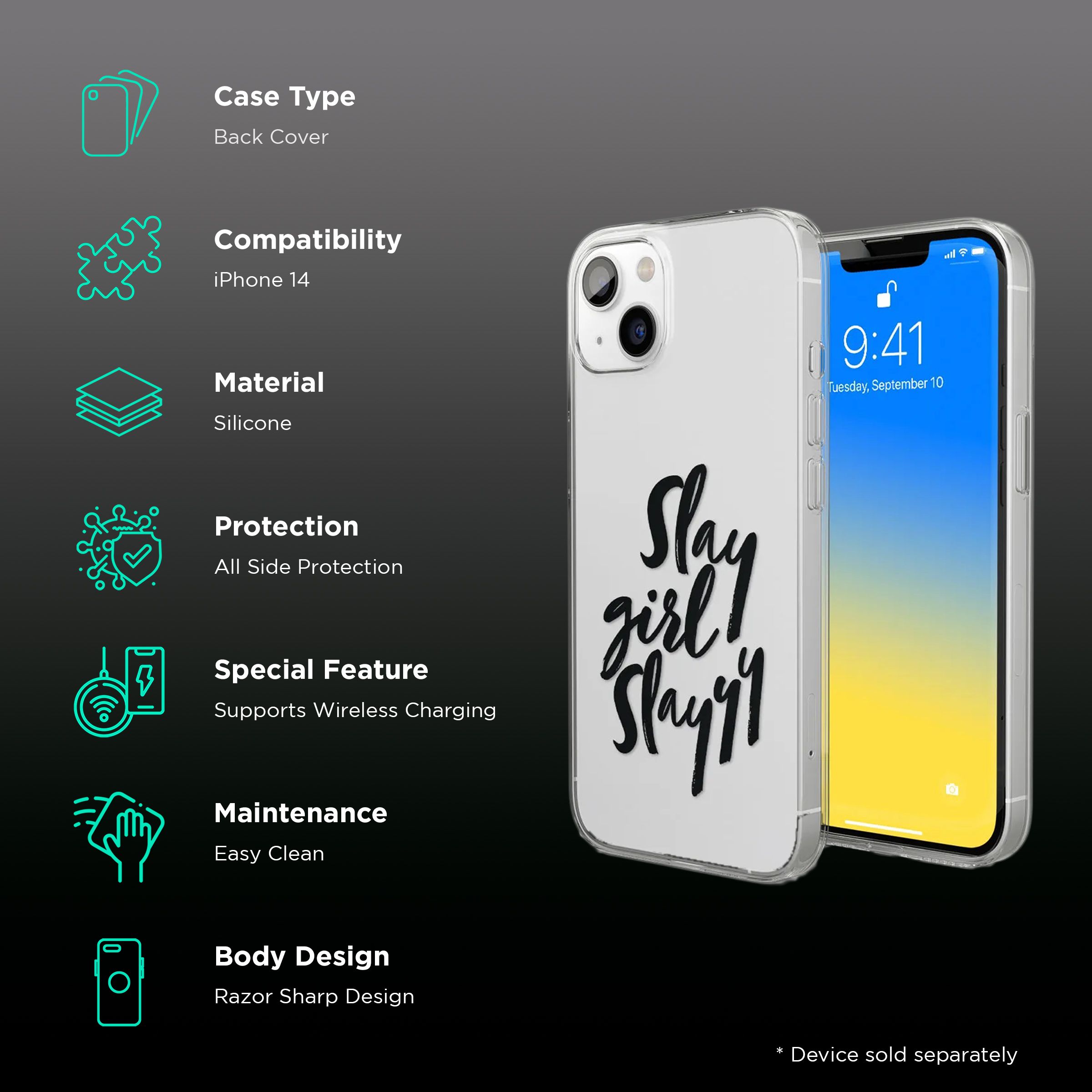 Macmerise Slay Girl Slay Silicone Back Cover for Apple iPhone 14 (Supports Wireless Charging, Clear)_2