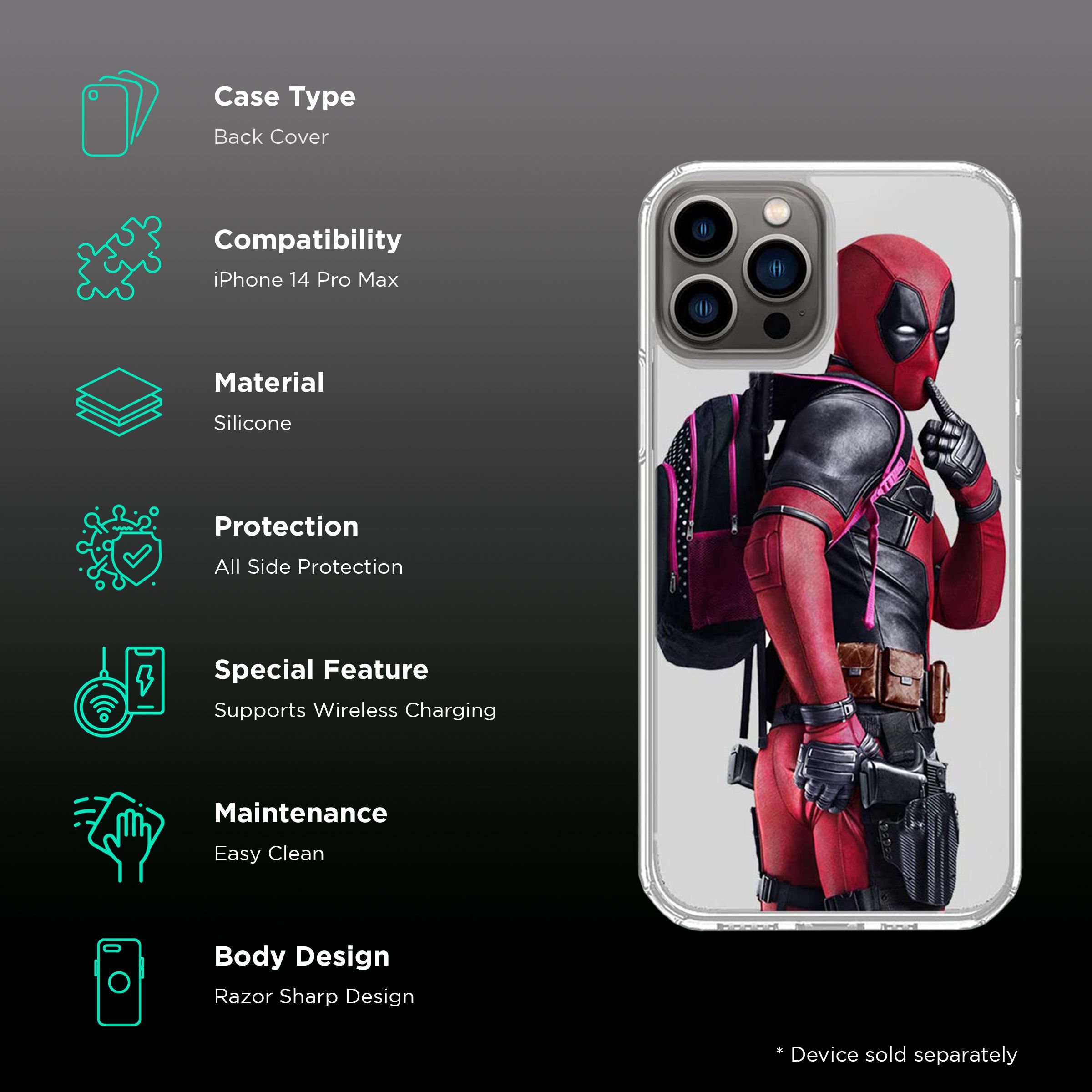 Macmerise Smart Ass Deadpool Silicone Back Cover for Apple iPhone 14 Pro Max (Supports Wireless Charging, Multi Color)_2