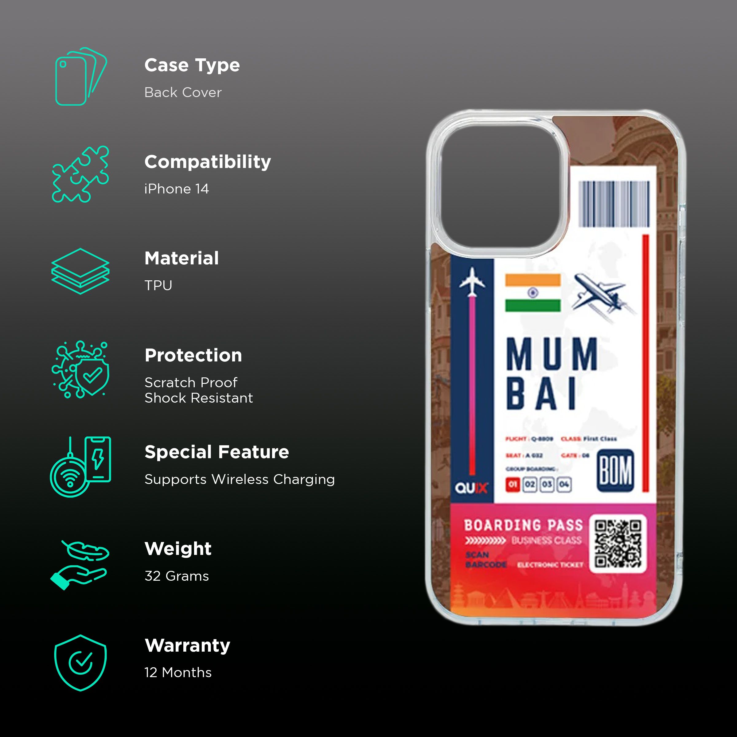 QUIX Mumbai Boarding Pass TPU Back Cover for Apple iPhone 14 (Supports Wireless Charging, Multi Color)_2