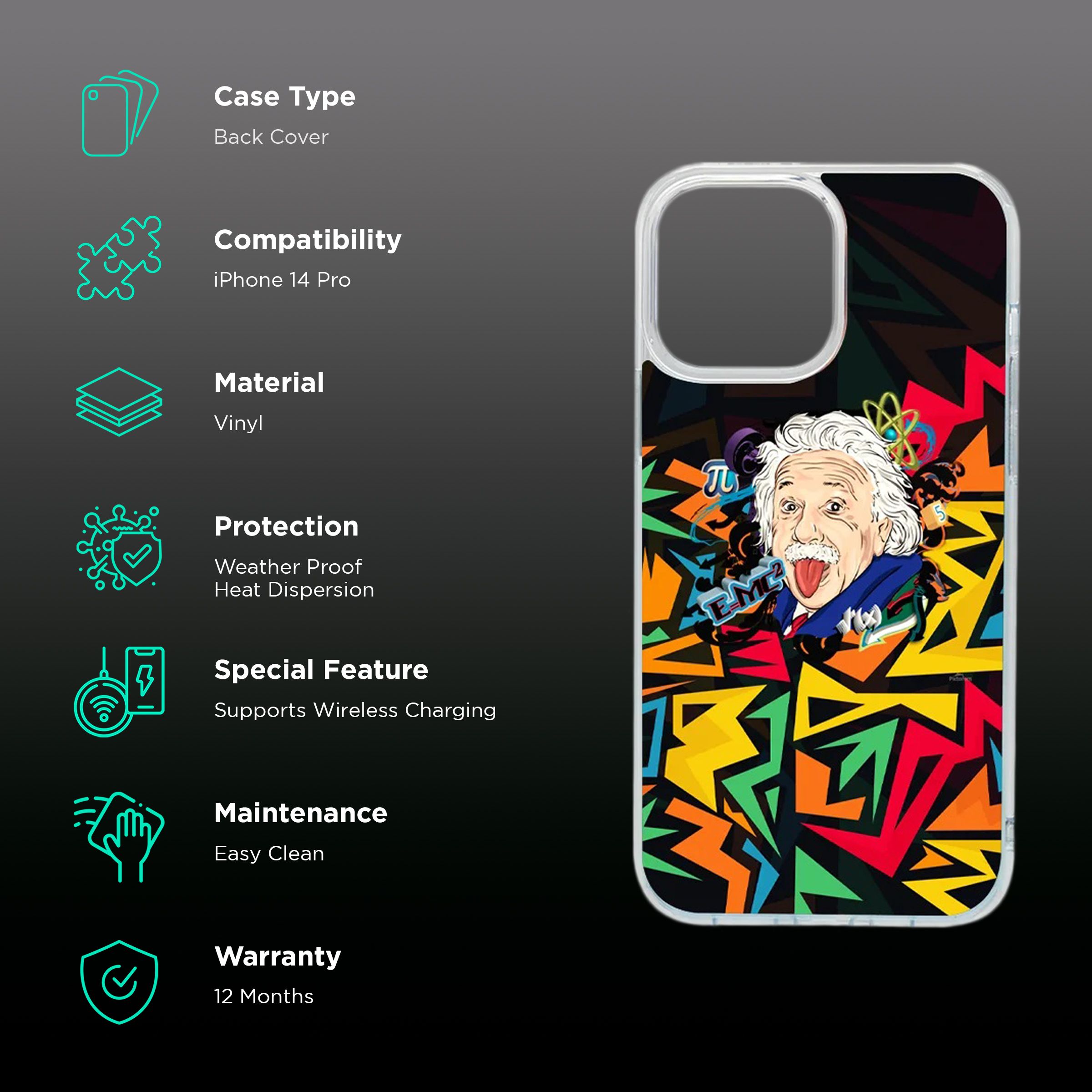 QUIX Einstein Stylish Skin Vinyl Back Cover for Apple iPhone 14 Pro (Supports Wireless Charging, Multi Color)_2