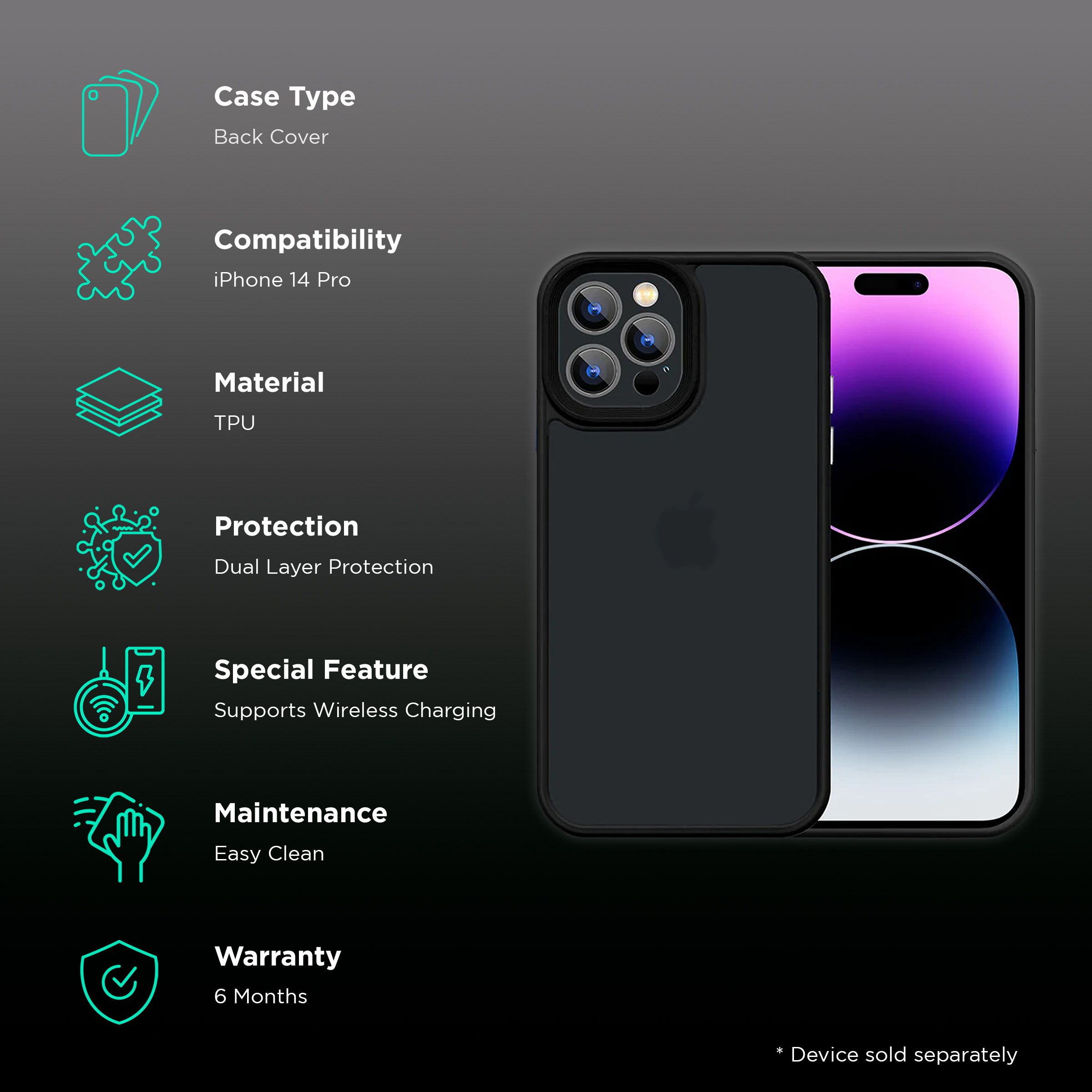 GRIPP Bolt Hard TPU Back Cover for Apple iPhone 14 Pro (Supports Wireless Charging, Black)_2
