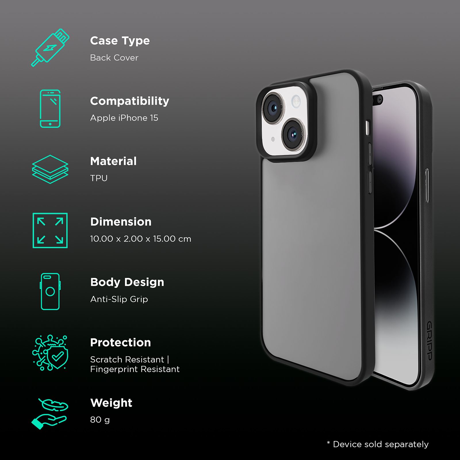 GRIPP Bolt Hard TPU Back Cover for Apple iPhone 15 (Matte & Frosted Surface, Black)_2