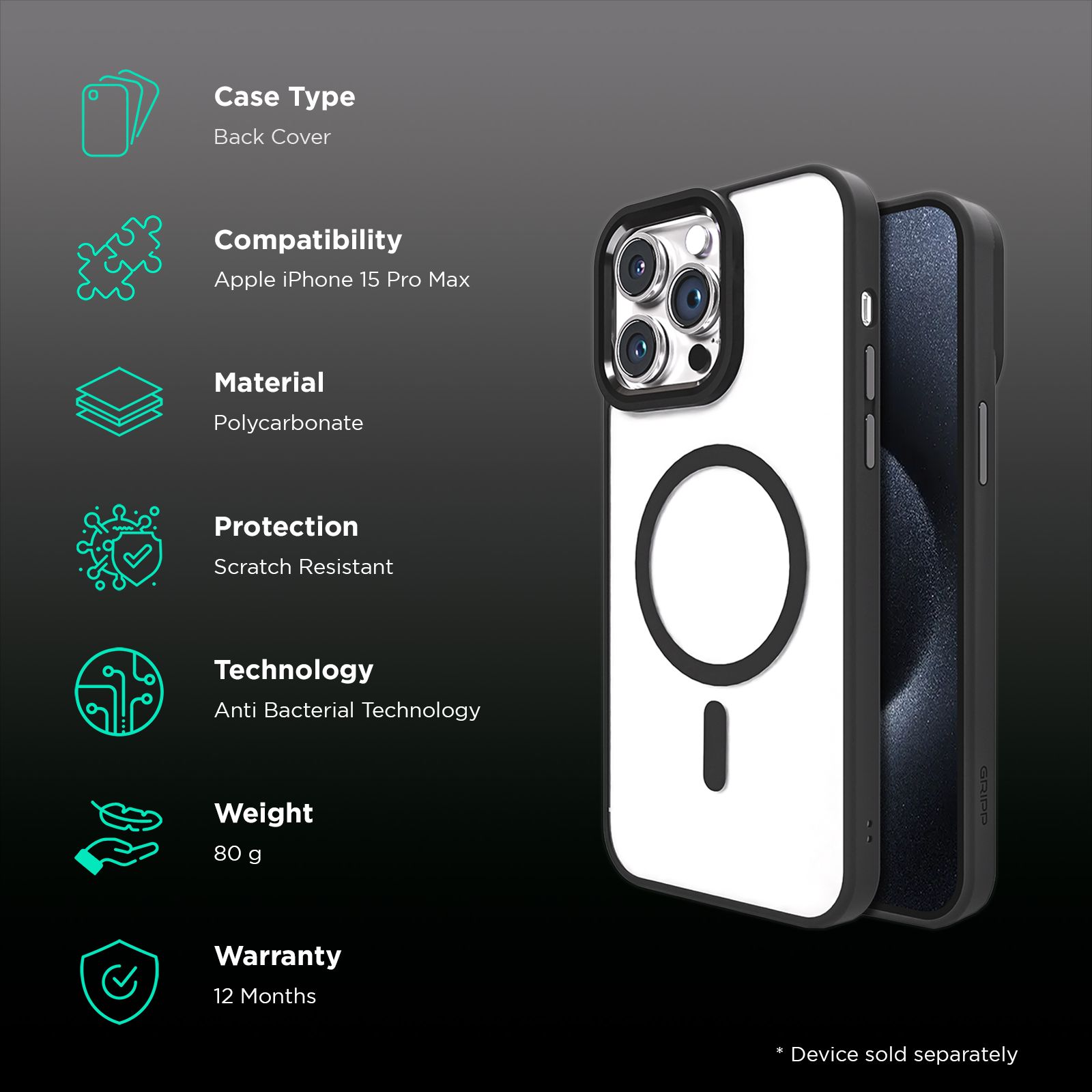 GRIPP Clarion Hard & Soft Polycarbonate Back Cover for Apple iPhone 15 Pro Max (MagSafe Compatible, Black) GRIPP Clarion Hard & Soft Polycarbonate Back Cover for Apple iPhone 15 Pro Max (MagSafe Compatible, Black)_2