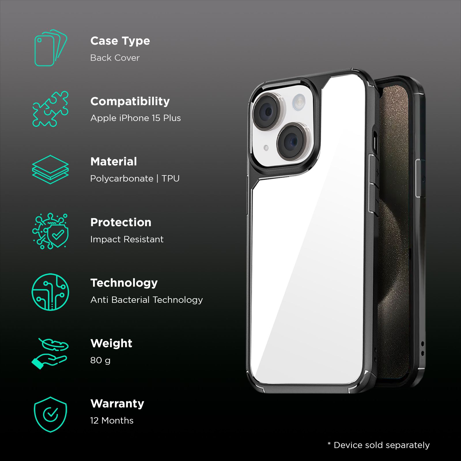 GRIPP Defender Hard TPU & Polycarbonate Back Cover for Apple iPhone 15 Plus (Anti-Bacterial Technology, Black)_2