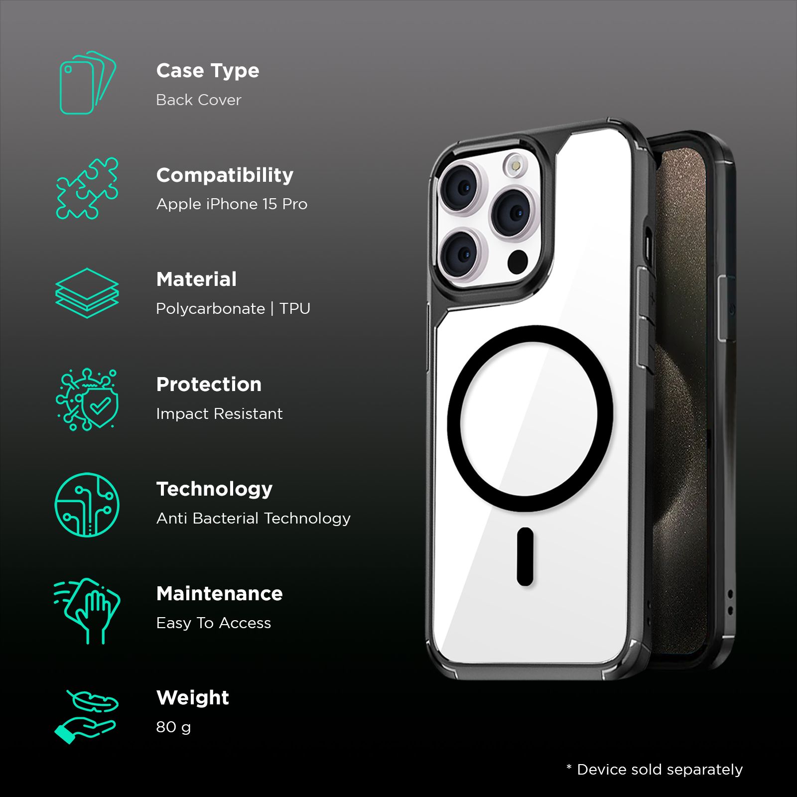 GRIPP Defender Hard TPU & Polycarbonate Back Cover for Apple iPhone 15 Pro (MagSafe Compatible, Black)_2