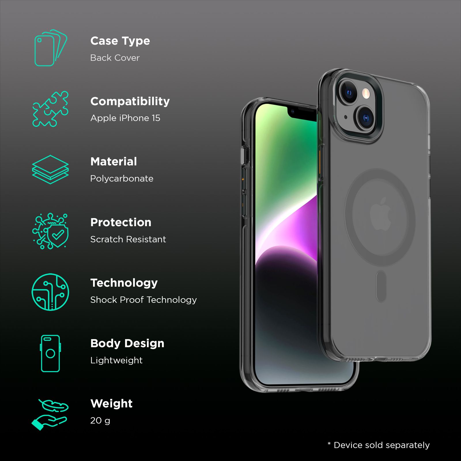 Muvtech Crystal Pro Snap Hard Polycarbonate & Thermoplastic Polyurethane Back Case for Apple iPhone 15 (Supports Wireless Charging, Black)_2