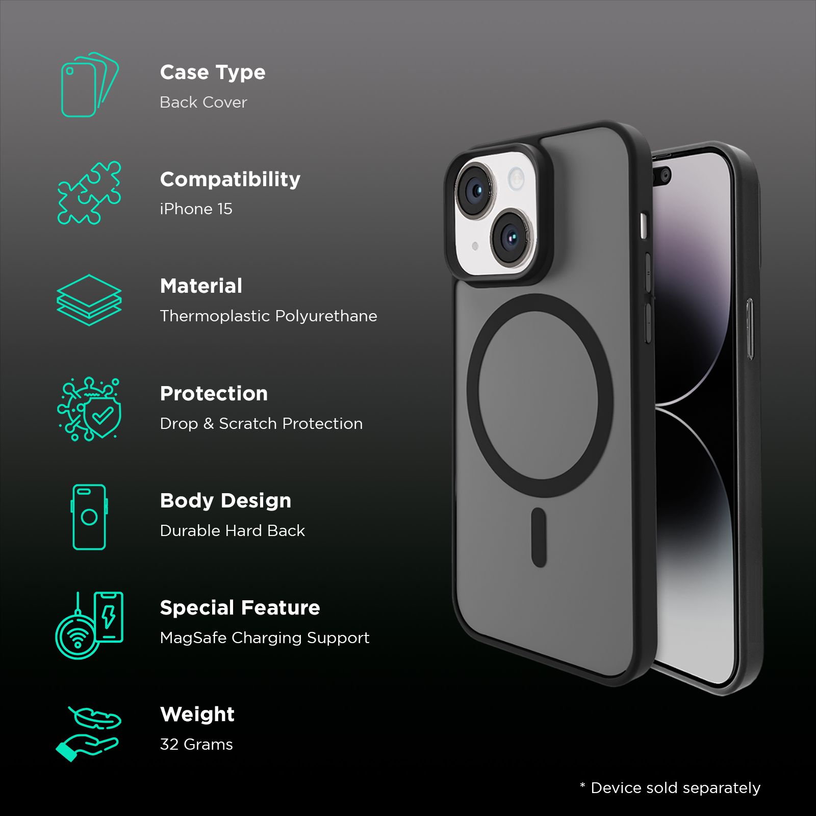 Croma Hard Thermoplastic Polyurethane Back Cover for Apple iPhone 15 (MagSafe Compatible, Grey) Croma Hard Thermoplastic Polyurethane Back Cover for Apple iPhone 15 (MagSafe Compatible, Grey)_2