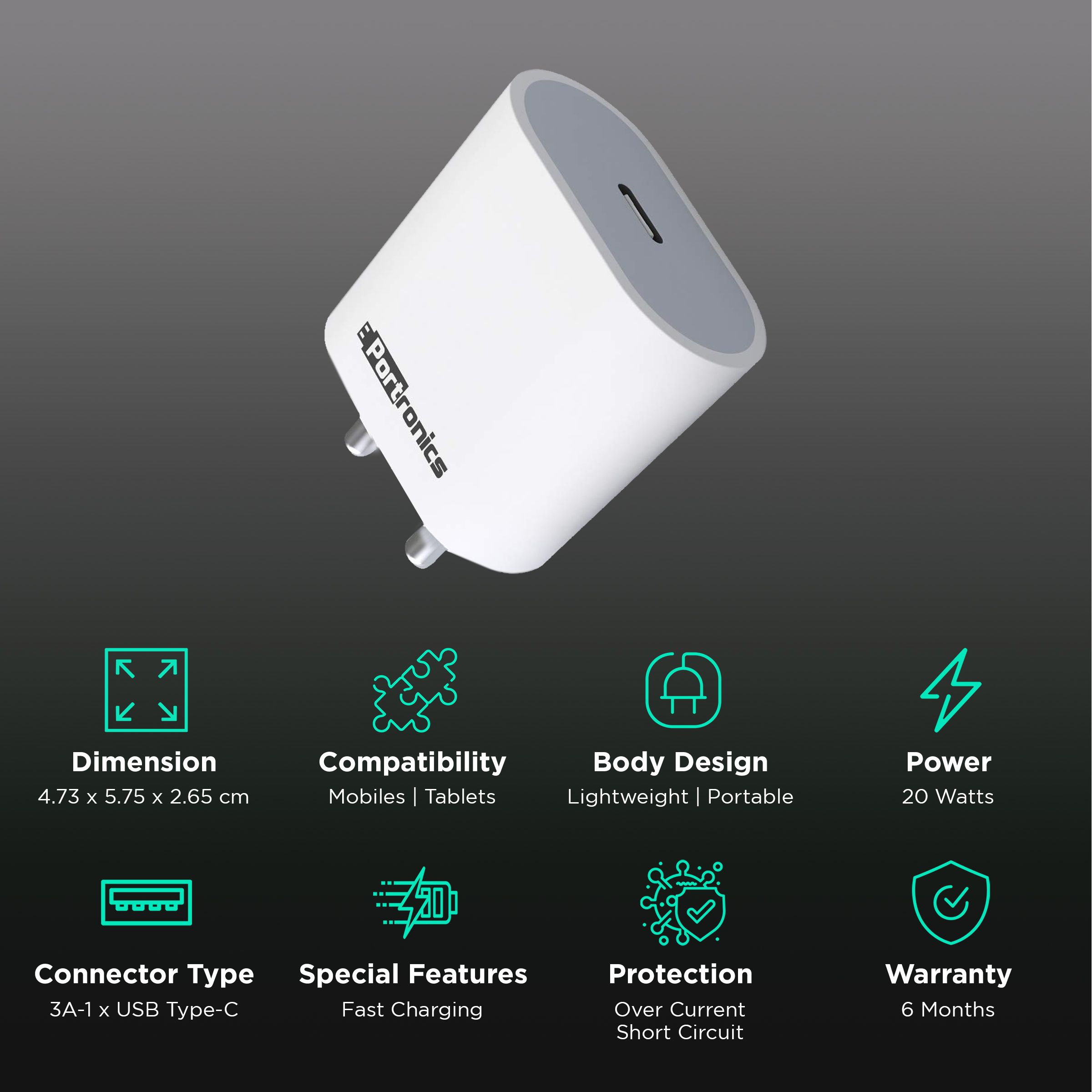Portronics Adapto 20 20W Type C Fast Charger (Adapter Only, Short-Circuit Protection, White)_2