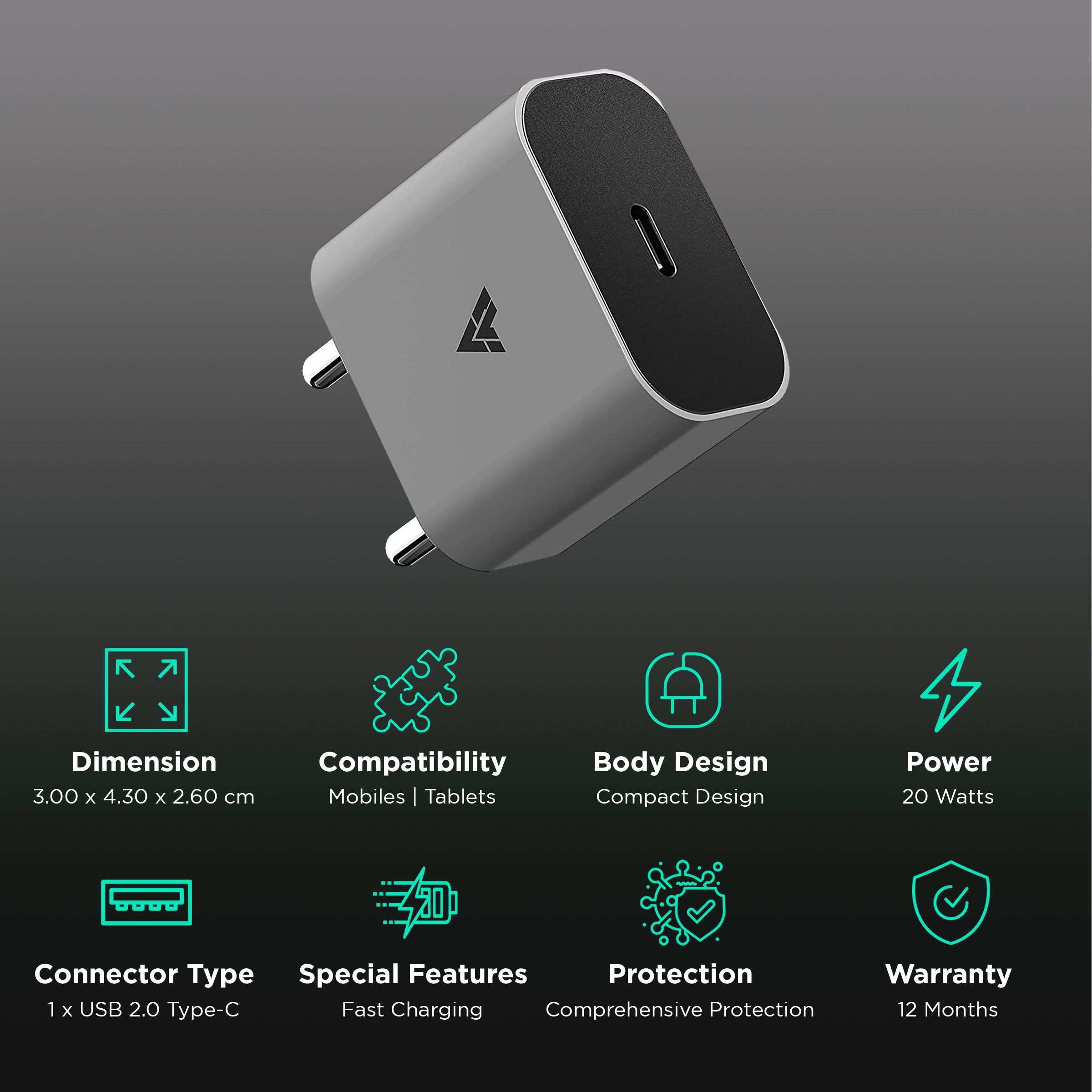 Vaku 20W Type C Fast Charger (Adapter Only, Comprehensive Protection, Grey)_2