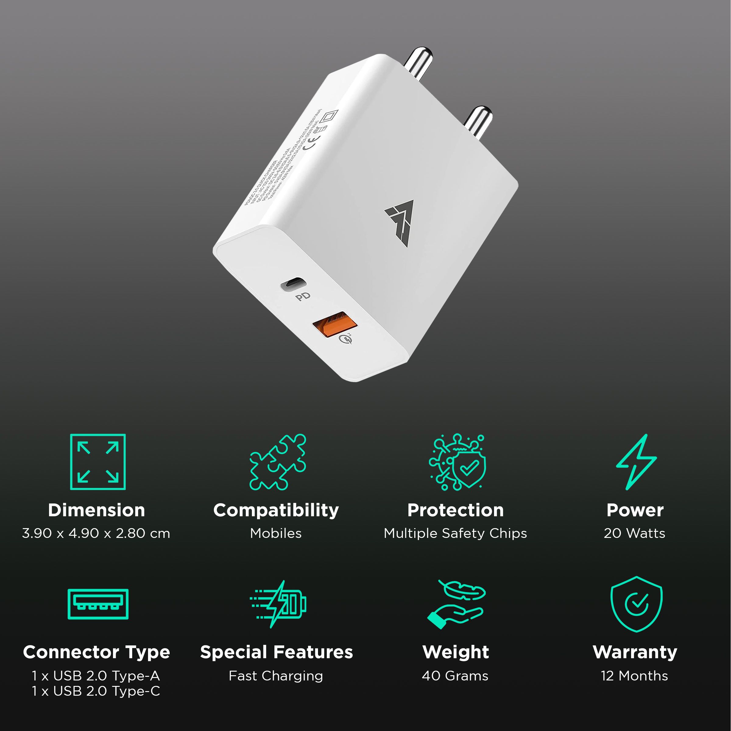 Vaku 20W Type A & Type C 2-Port Fast Charger (Adapter Only, Multiple Safety Chips, White)_2