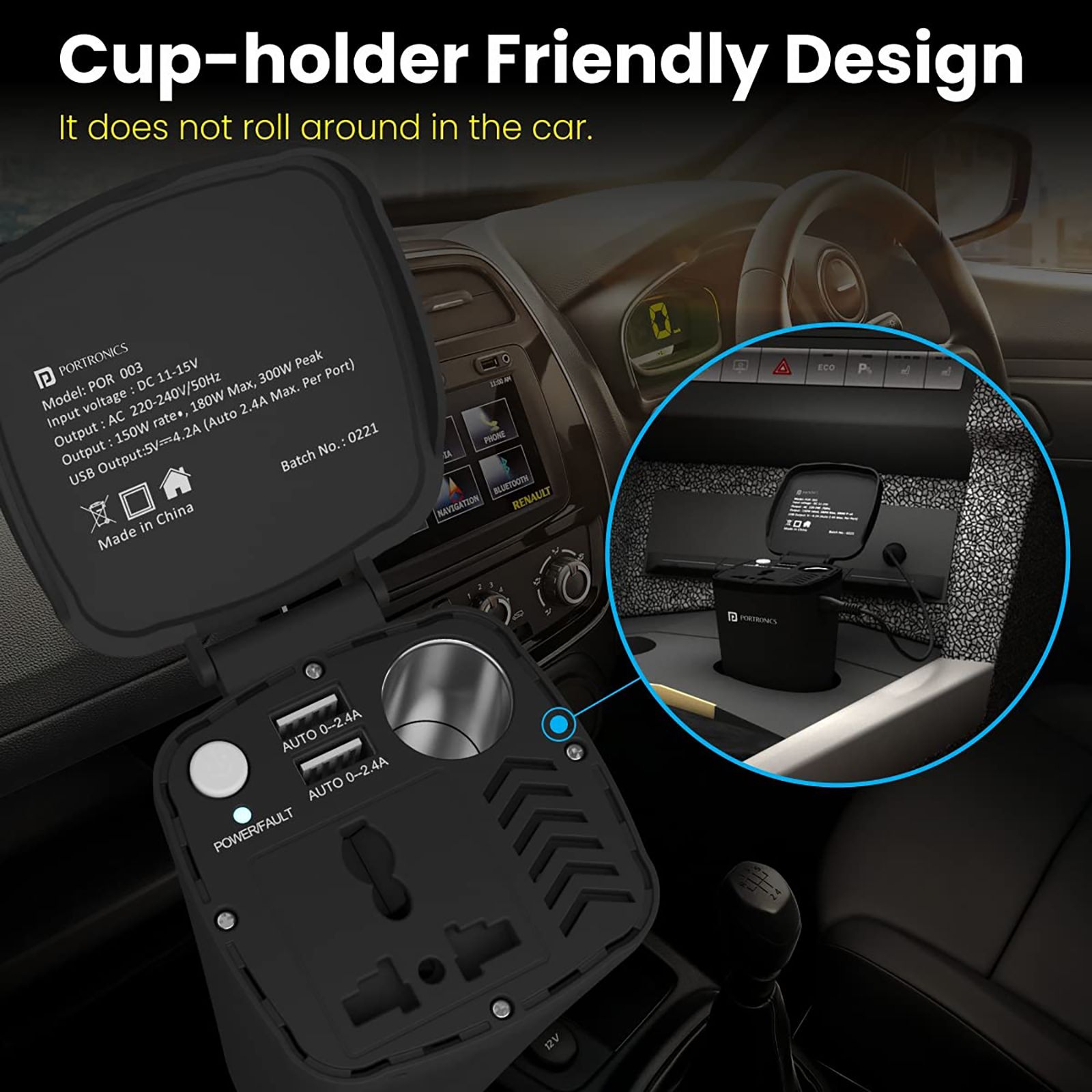 Portronics Power One 150W Type A 2-Port Fast Car Charger (Adapter Only, Multiple Protection, Black)_2