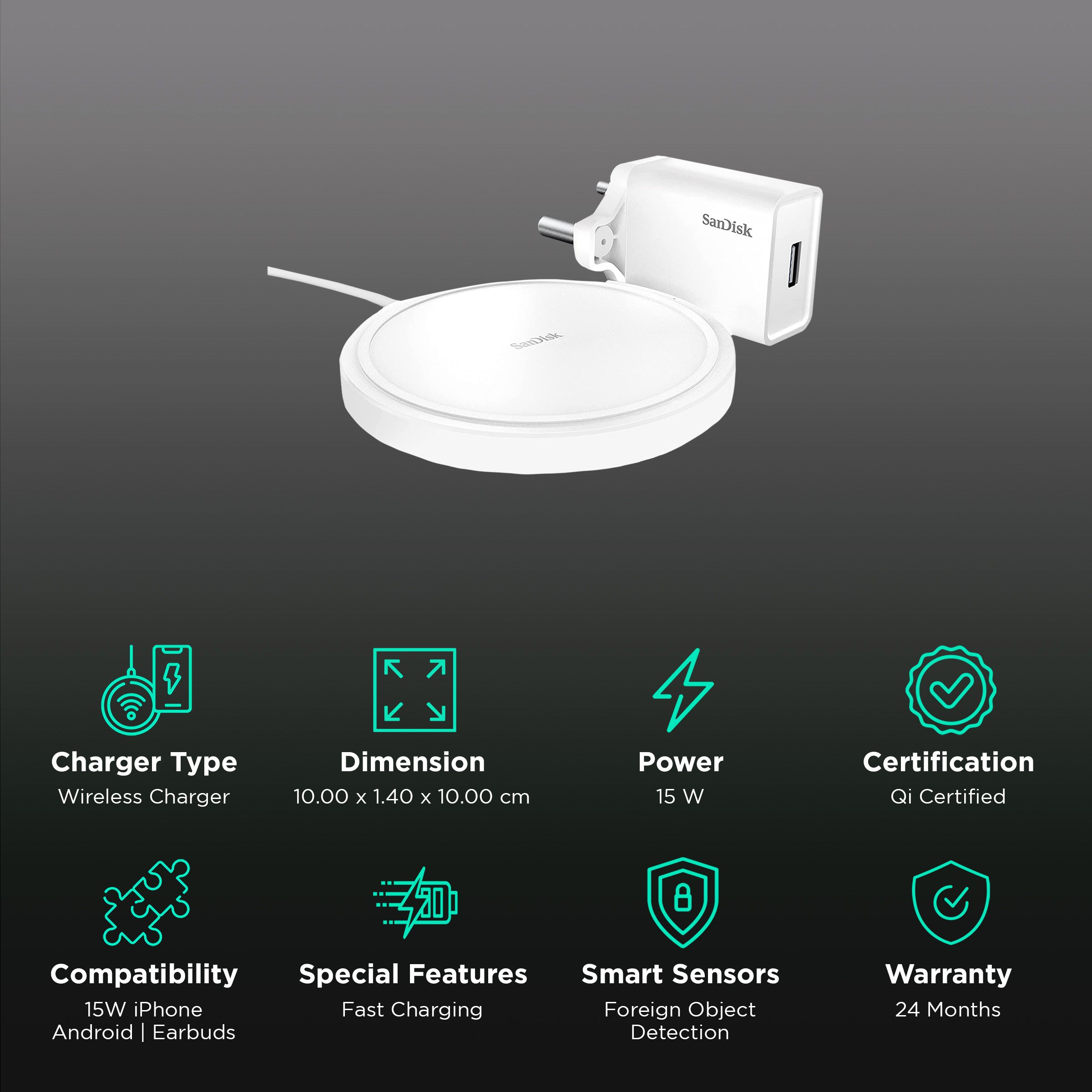SanDisk Ixpand 15W Wireless Charger for iOS, Android, Earbuds (Qi Certified, Temprature Control Technology, White)_2