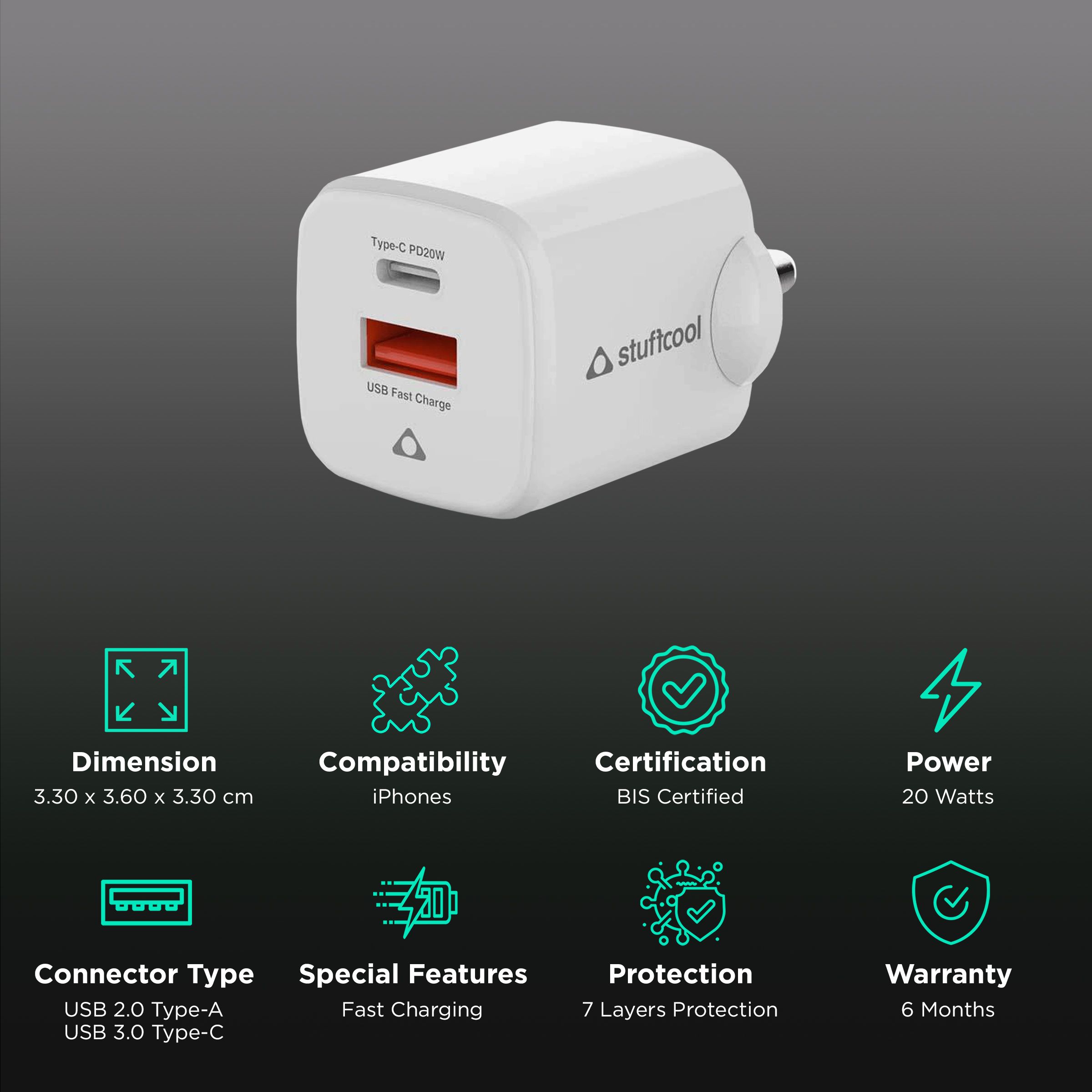 Stuffcool Neutron 20W Type A & Type C 2-Port Fast Charger (Adapter Only, 7 Layers of Protection, White) Stuffcool Neutron 20W Type A & Type C 2-Port Fast Charger (Adapter Only, 7 Layers of Protection, White)_2