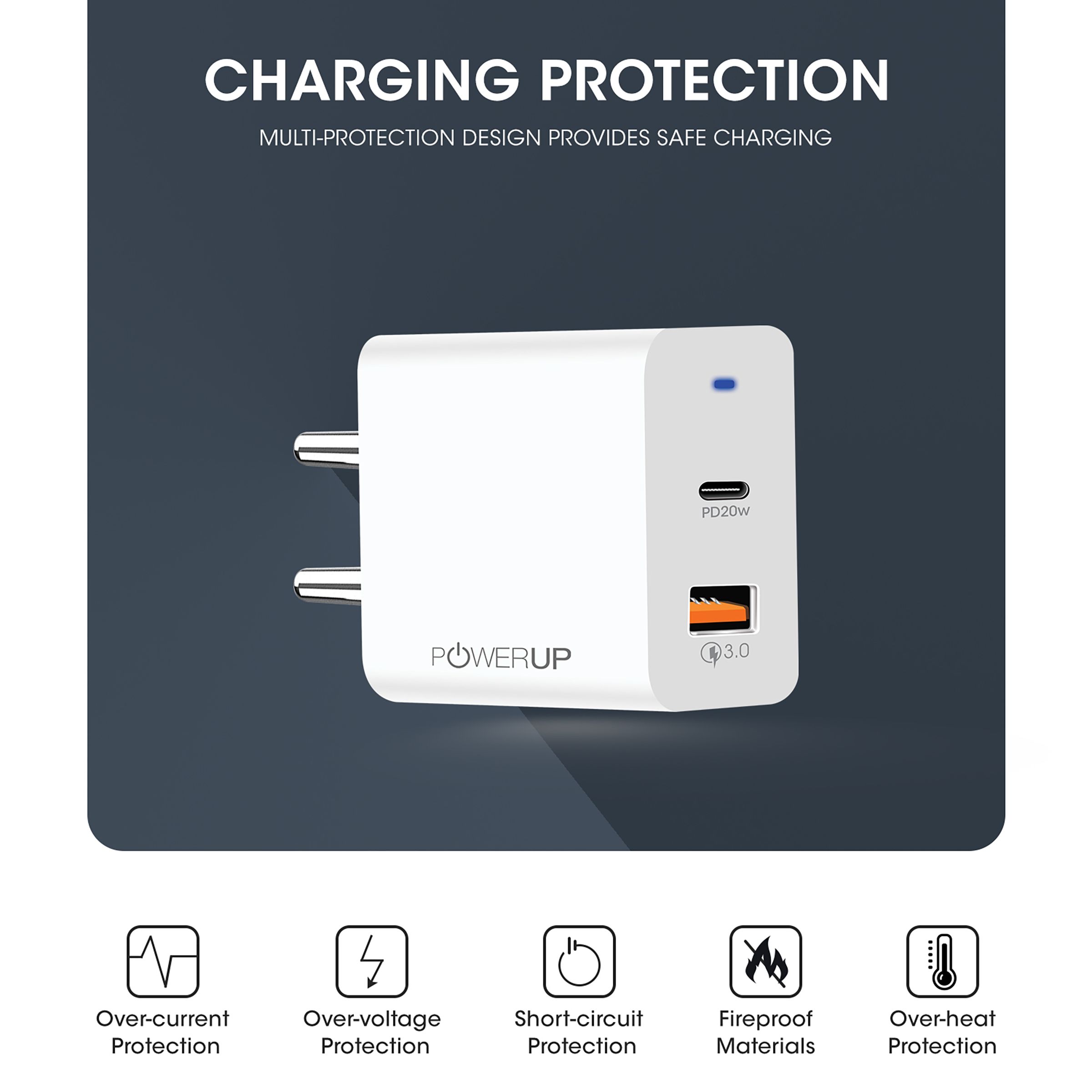 POWERUP 20W Type A & Type C 2-Port Fast Charger (Type C & Lightning Cable, Short-Circuit Protection, White) POWERUP 20W Type A & Type C 2-Port Fast Charger (Type C & Lightning Cable, Short-Circuit Protection, White)_7