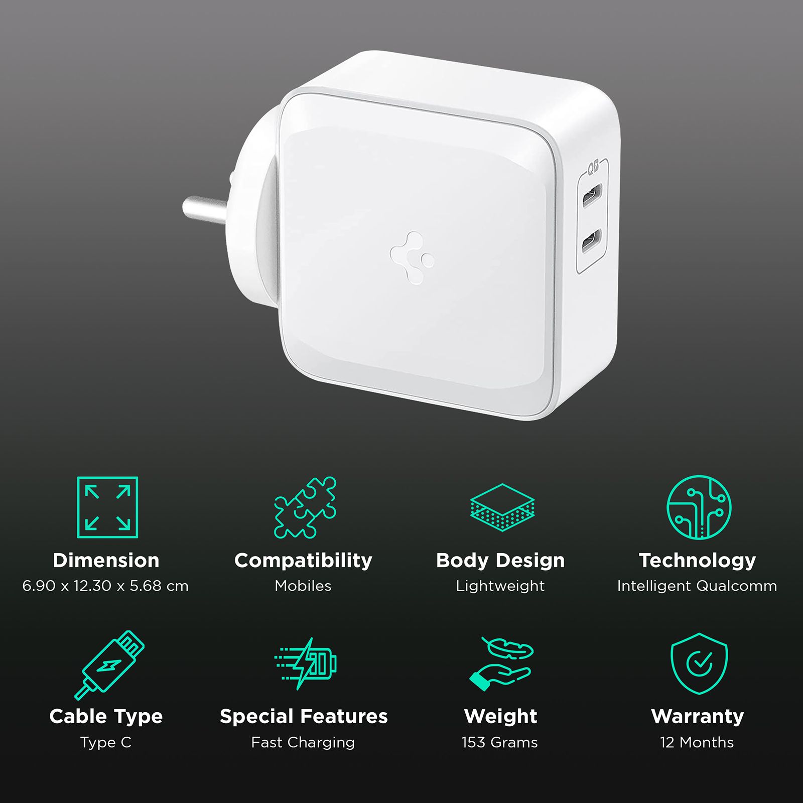 Spigen PE2007 70W Type C 2-Port Fast Charger (Adapter Only, Intelligent Qualcomm QC 3.0 Chip, White)_2