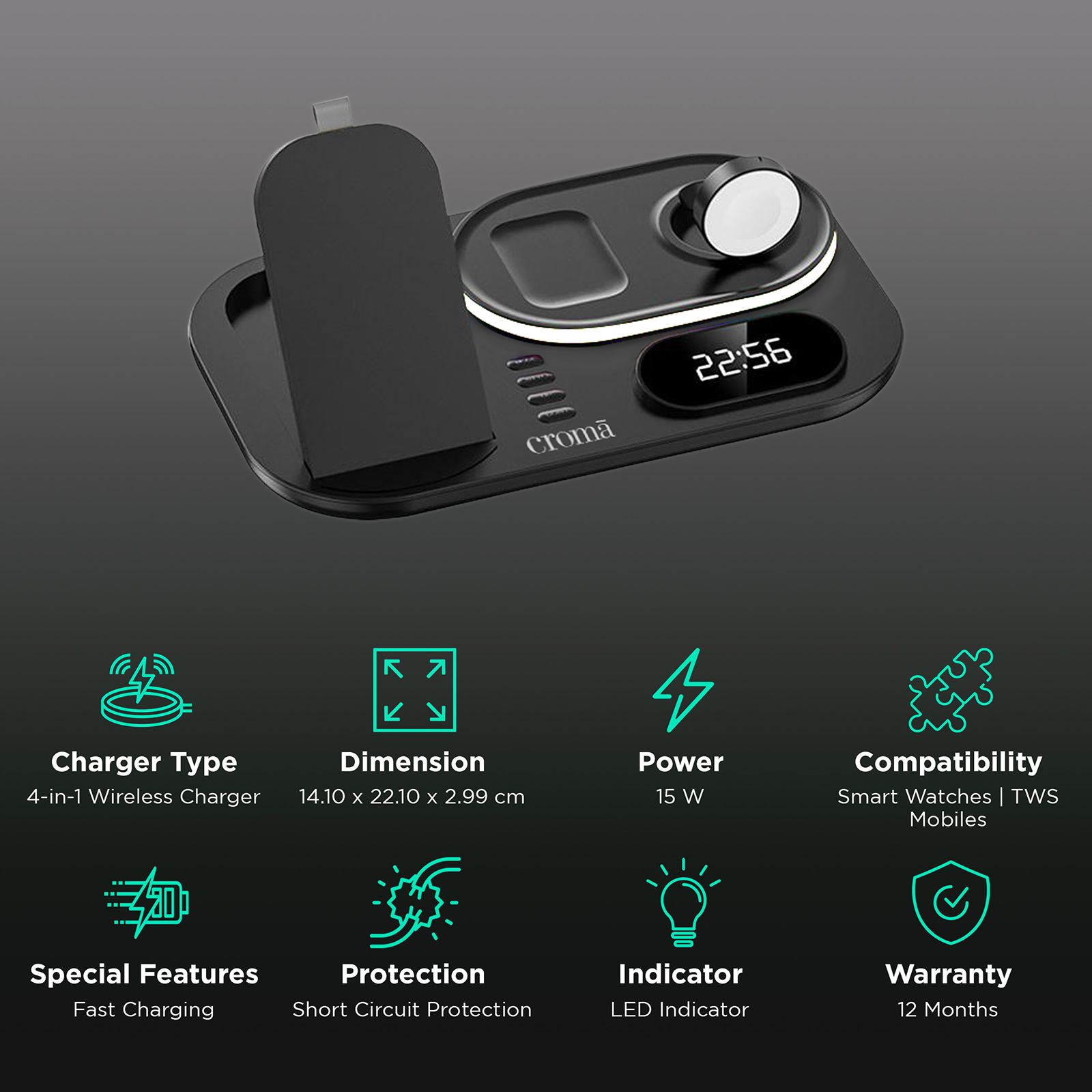Croma 15W 4-in-1 Wireless Charger for iPhone 14, 14 Pro, 15, 15 Pro iWatch 4, 5, 6, 7, 8 & AirPods 2, Pro, 3 (Multi-Layer Protection, Black) Croma 15W 4-in-1 Wireless Charger for iPhone 14, 14 Pro, 15, 15 Pro iWatch 4, 5, 6, 7, 8 & AirPods 2, Pro, 3 (Multi-Layer Protection, Black)_2