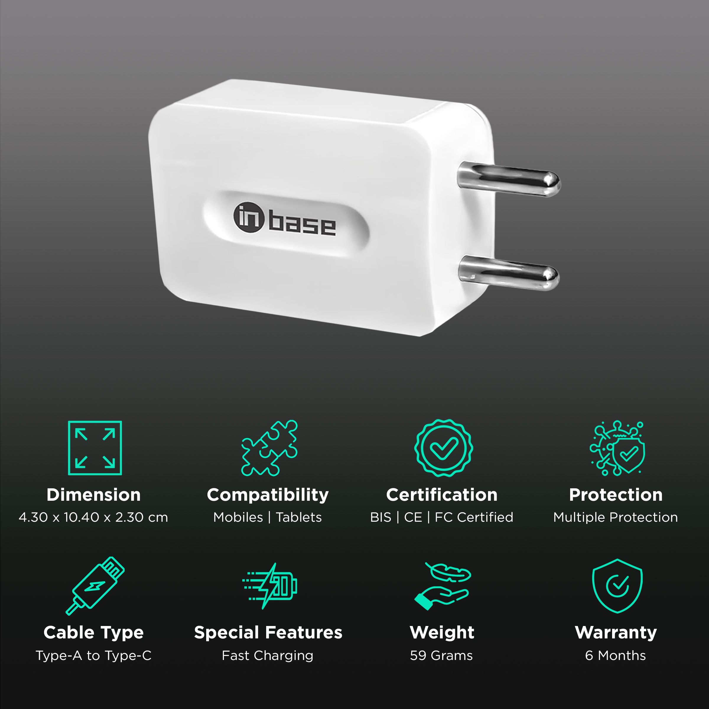 Inbase Type A 2-Port Fast Charger (Type A to Type C Cable, Multiple Protection, White)_2