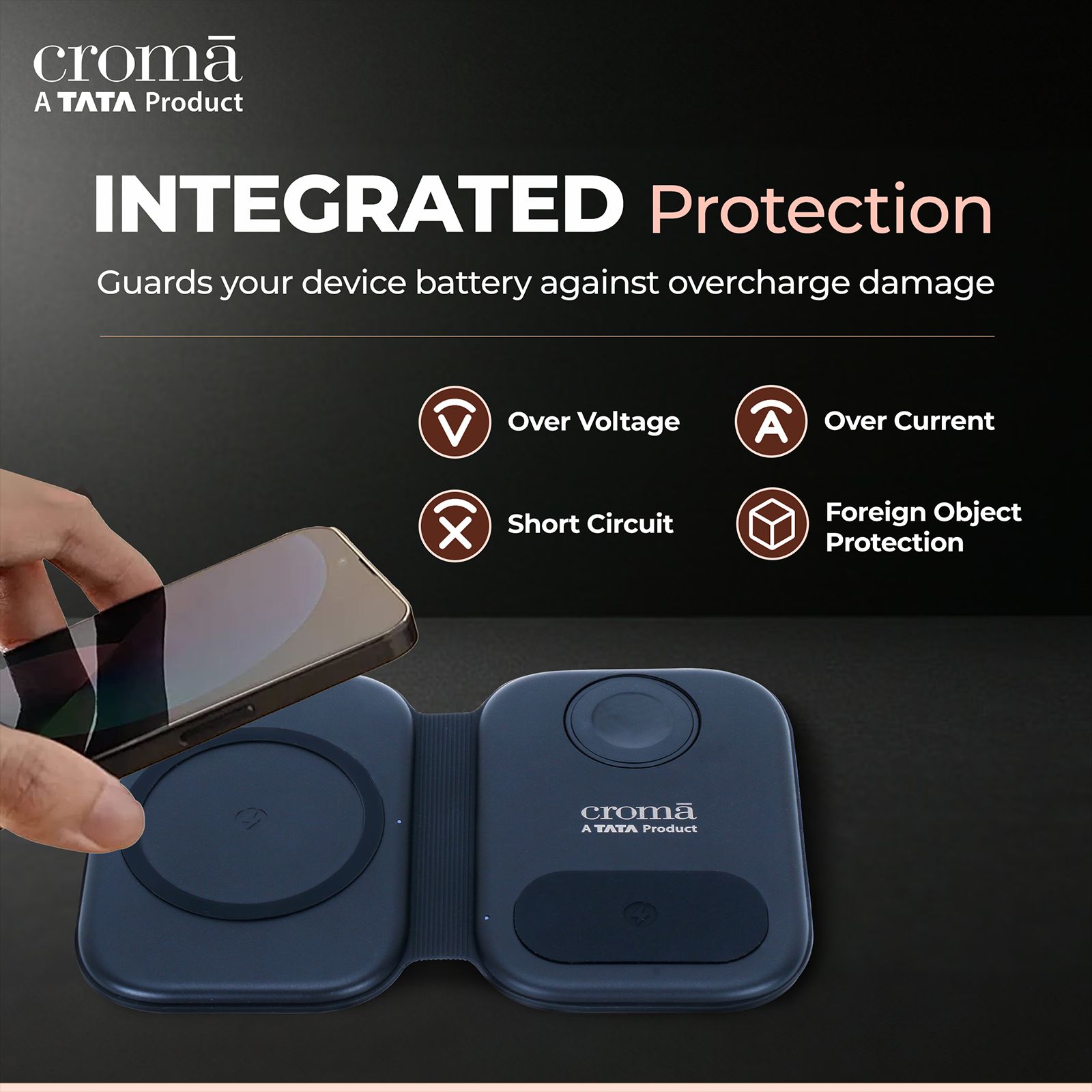 Croma 15W 3-in-1 Wireless Charger for iPhone 14, 14 Pro, 15, 15 Pro, iWatch 4, 5, 6, 7, 8 & AirPods 2, 3, Pro (Qi Compatible, Apple Compatible, Black)_10