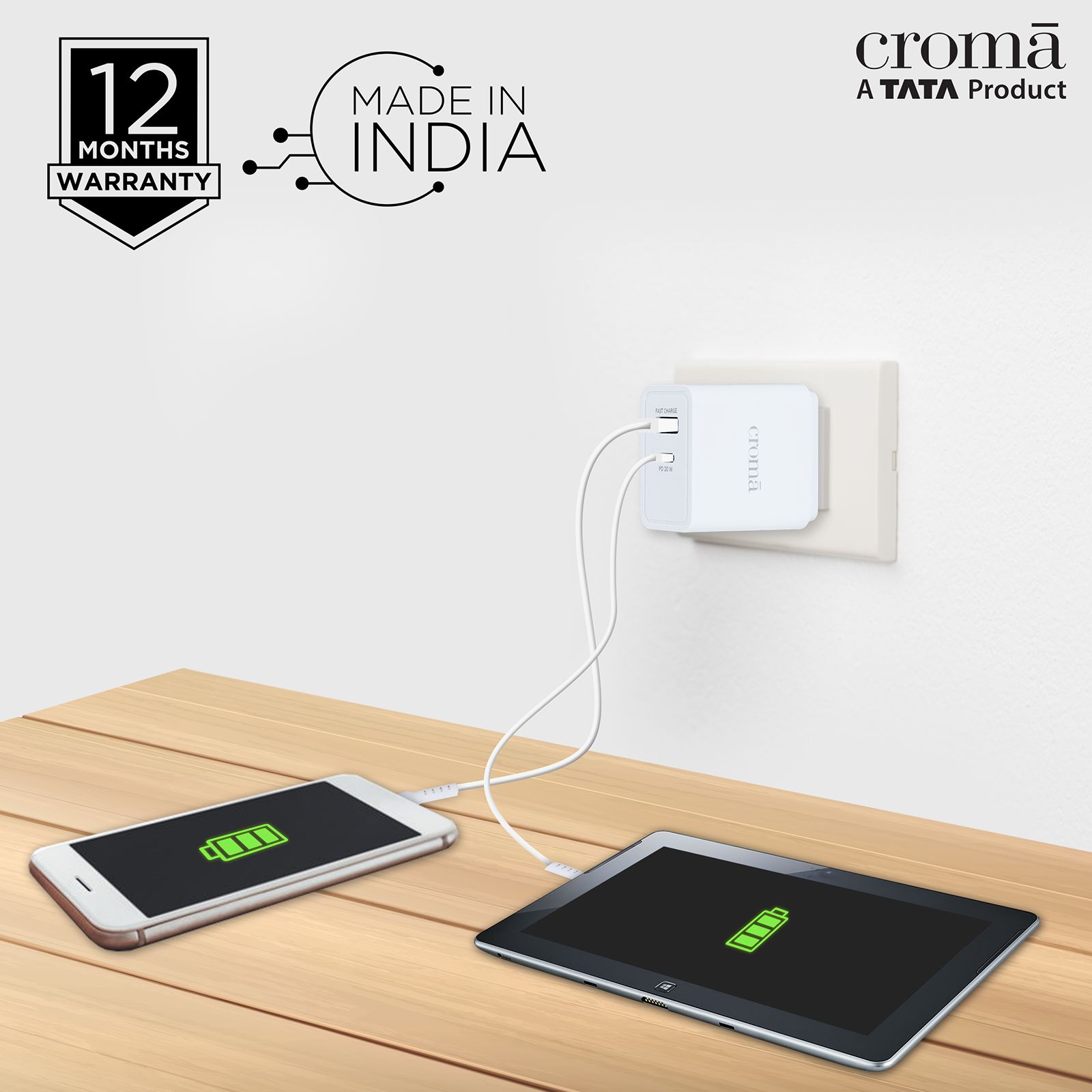 Croma 20W Type A & Type C 2-Port Fast Charger (Type C Cable Included, Apple Compatible, White) Croma 20W Type A & Type C 2-Port Fast Charger (Type C Cable Included, Apple Compatible, White)_10