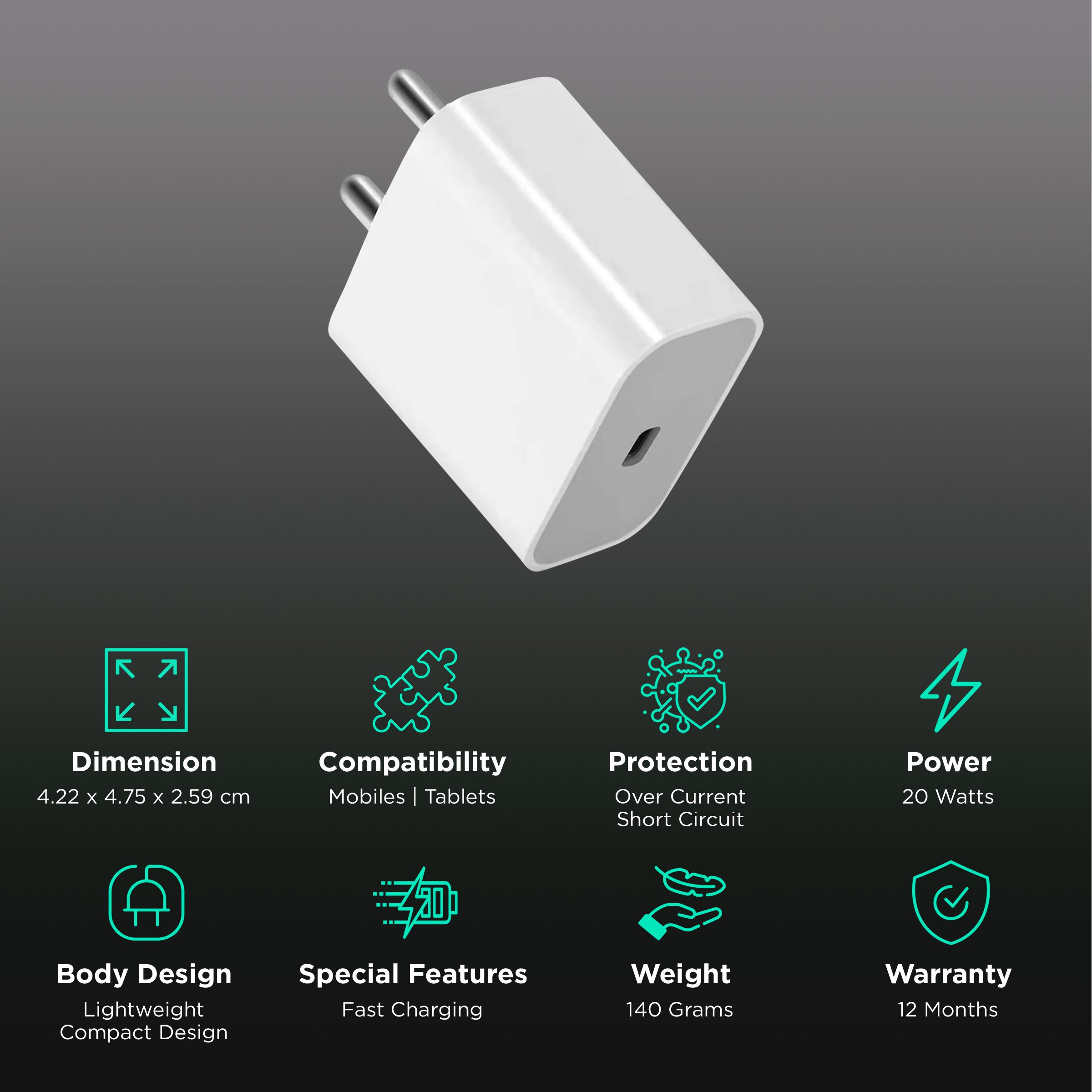 Unigen 20W Type C Fast Charger (Adapter Only, Safe & Intelligent Protection, White) Unigen 20W Type C Fast Charger (Adapter Only, Safe & Intelligent Protection, White)_2