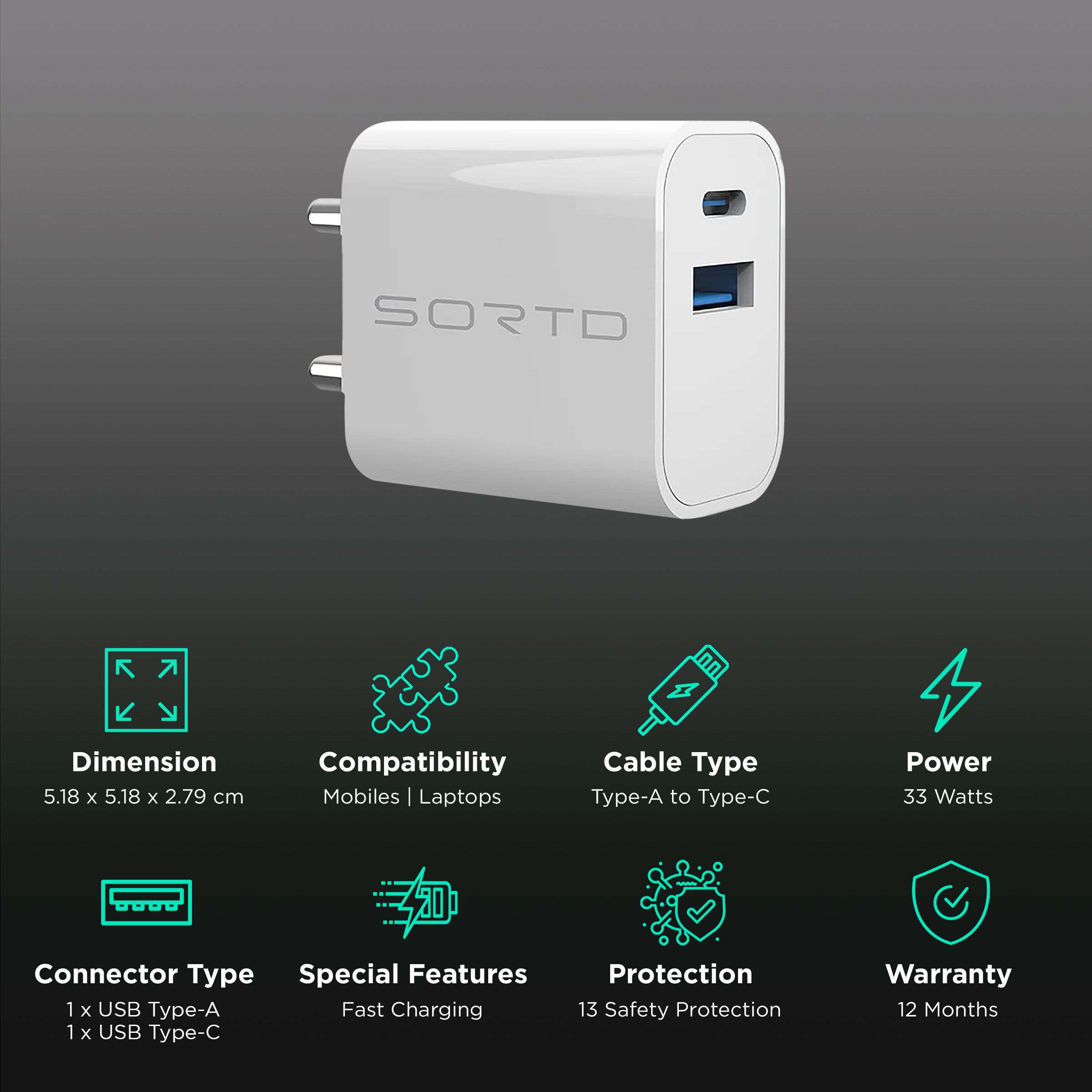 Sortd GaN 33W Type A & Type C 2-Port Fast Charger (Adapter Only, Intelligent Power Distribution, White) Sortd GaN 33W Type A & Type C 2-Port Fast Charger (Adapter Only, Intelligent Power Distribution, White)_2